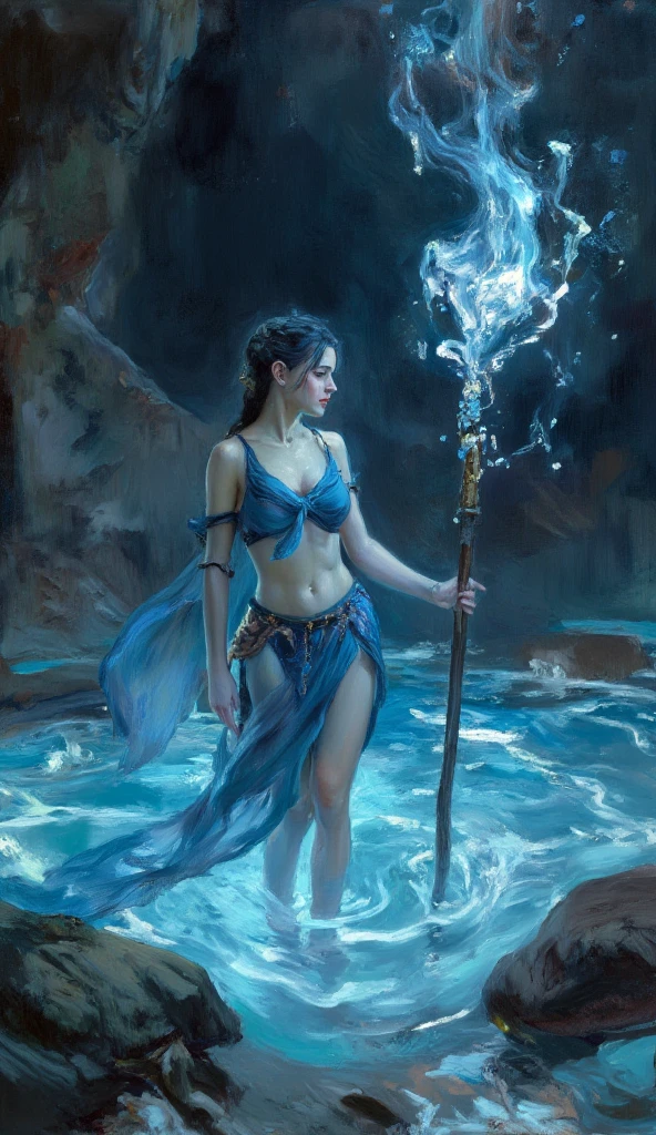 ((full body)), (((head to toe))), (((1 female, solo))), beautiful blushing slender Queen of Water (((with wet bronze hair))), small bust, narrow waist, thin legs, (((against water splash background))), (((water brassiere, loincloth))), aquamarine necklace, aquamarine tiara, veil, (((American comic style with dark contours))), (((art by J. Scott Campbell)))