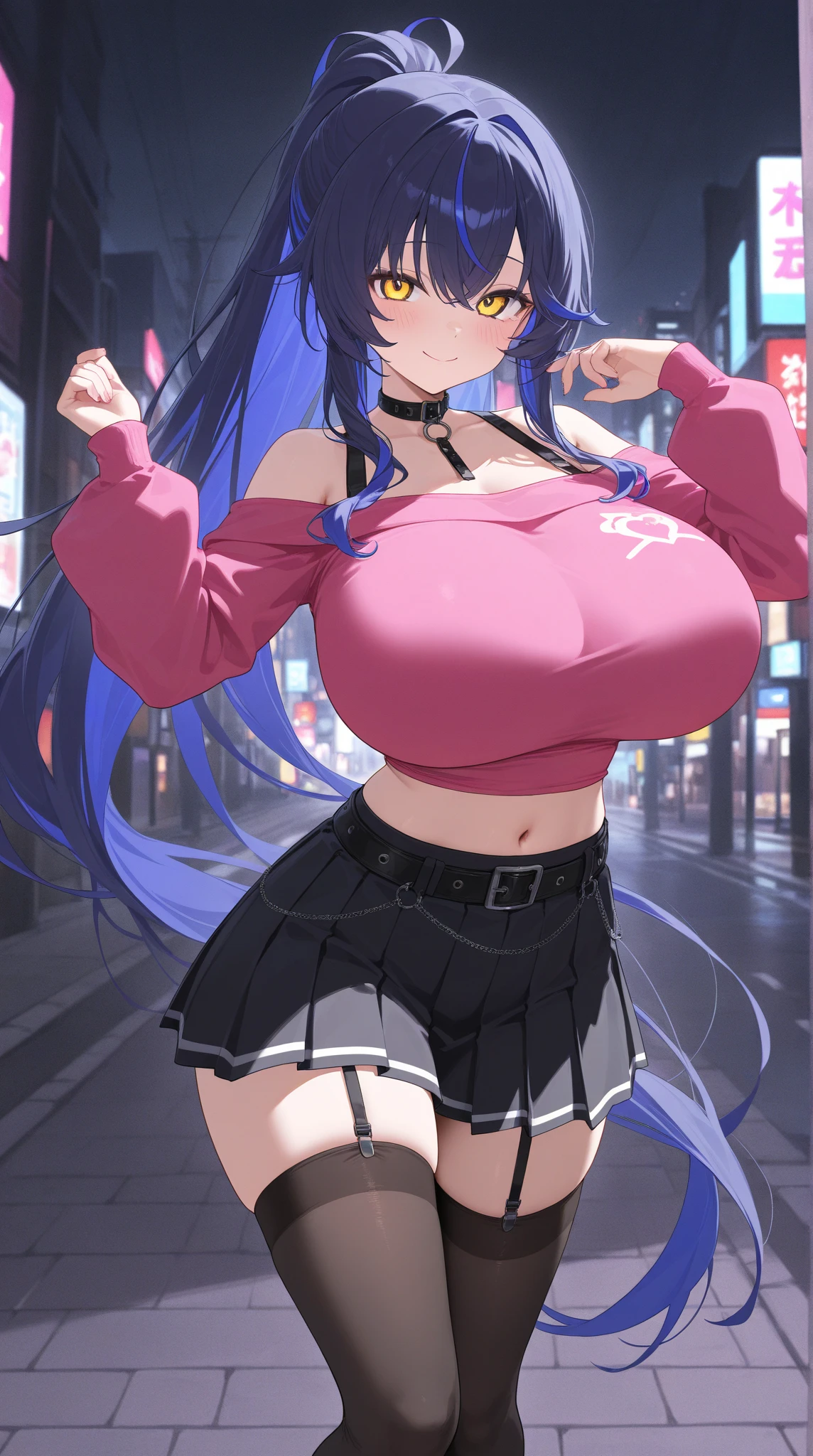 (masutepiece,Best Quality,ultra-detailliert, Professional Writing), 1girl in, 24 years old, fullnude, round and large chest, A charming smile, (Details Black and blue lace bra), (detailed black and blue panties), Hair Ribbon, Bare shoulder, Bare arms, (nametag), ((to stand)), (Outstretched arms), (model poses), Dynamic Angle, ((Lingerie Shop)), ((Colorful bras that fill the screen, Colorful panties that fill the screen)), ((Bra on the merchandise shelf, Panties on the shelf)),((Colorful lingerie hung on the wall)), ((colorful lingerie mannequin))
