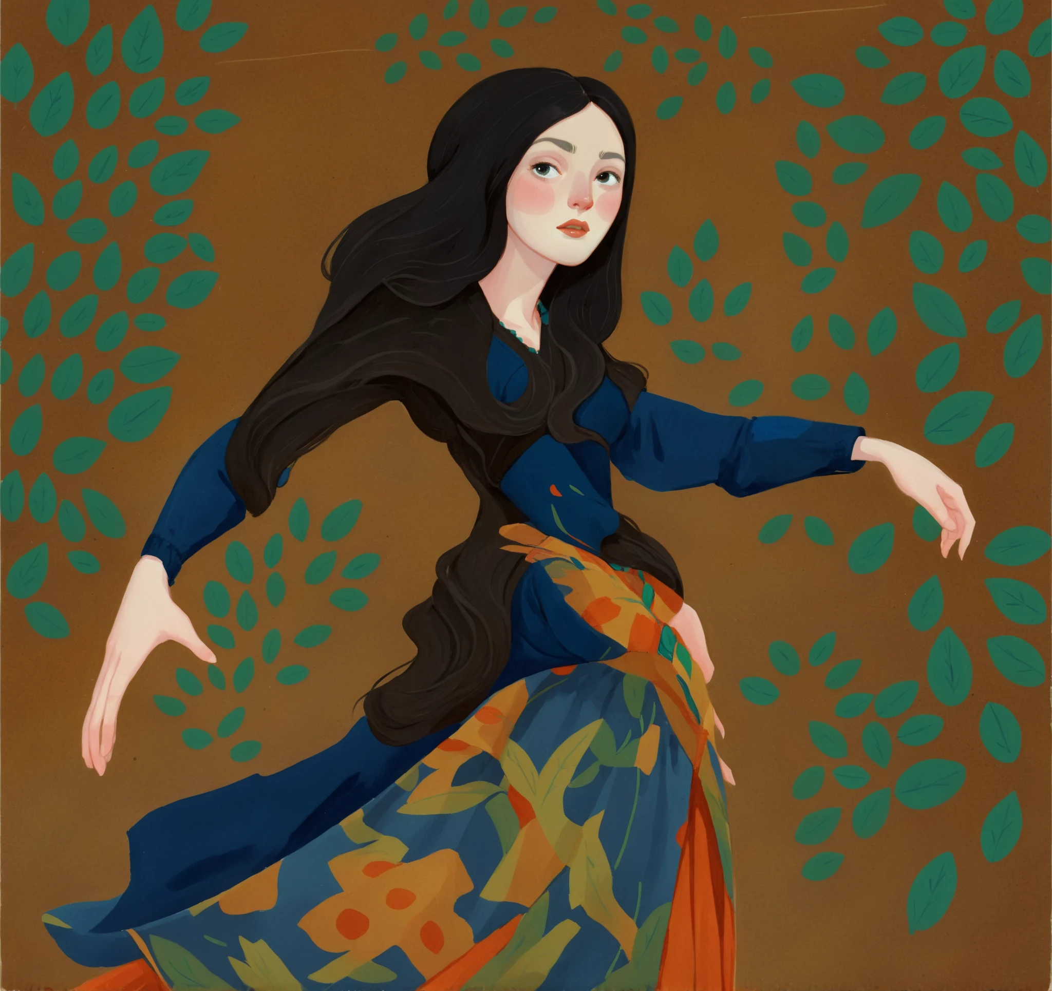 1girl, black hair, fair pale skin, expressive face, black eyes, long_hair, wearing a vibrant long peasant medieval dress, detailed clothing, sketches, detailed thick gouache painting, illustration, in gougoupaintleaves style:1.5, novuschroma04 style
