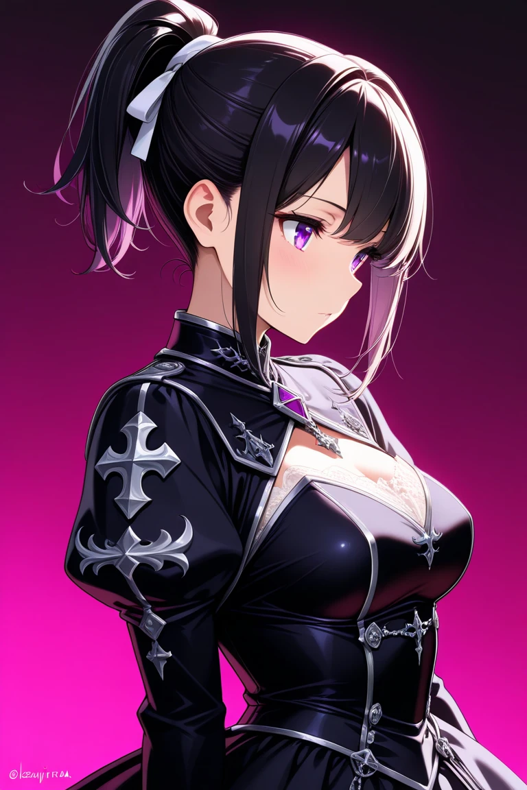 a woman in a goth dress standing outside of a church, seductive anime girl, seductive pose, violet eyes, dark purple eyes, beautiful gothic anime girl, dark lighting, detailed digital anime art,anime goth girl, extremely detailed eyes, black hair, goth anime girl with black hair, black hair with red highlights, smug expression, slightly angry face, dark red highlights in hair, cleavage, beautiful anime girl, beautiful alluring anime woman, extremely detailed artgerm, beautiful anime woman, guweiz on artstation pixiv, beautiful anime artwork, detailed anime art, guweiz on pixiv artstation, beautiful anime portrait, detailed hands, short hair tied back with red highlights, hair tied up, detailed face, 