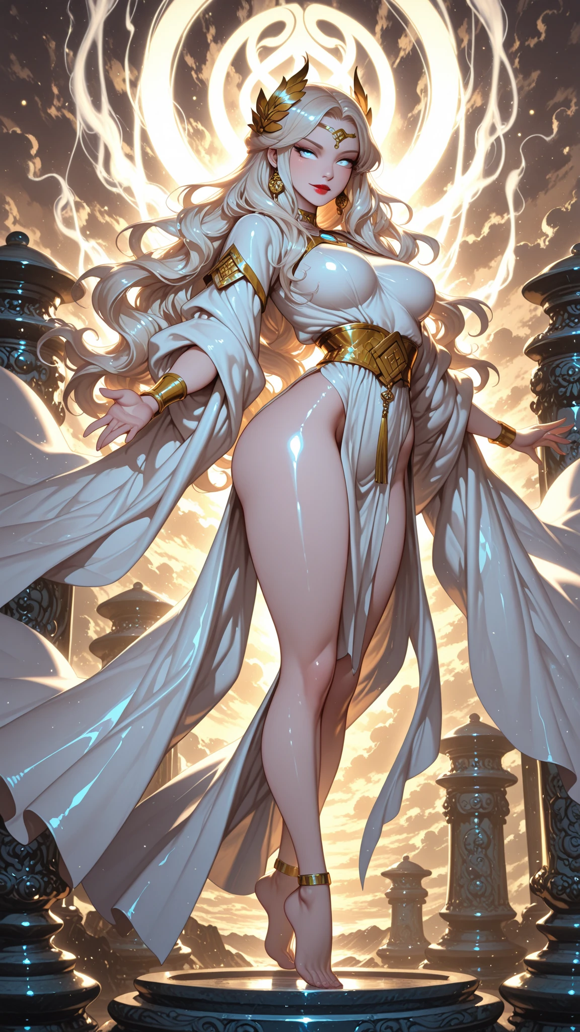穿着华服的神明Strike a pose拍照, Ancient mysterious sexy goddess, Traditional beauty woman, Beautiful female warrior god of war , Beautiful sexy goddess, Gorgeous role-playing, high, Beautiful young girl, Beautiful woman, 华丽Beautiful woman, Complex clothing,Chinese Mystical Aesthetics, Beautiful Asian ancient mysterious girl, Extremely detailed shot of the goddess, Jaw-dropping sexy beauty, Big breasts deep neckline sexy belly button(butt), (bedroom), (Sexy Girls), masterpiece, best quality, Bangs, blush, Chest, clavicle, Eyebrows visible through hair, (Gradient red and gold hair), Jewelry, Long hair,Bright Eyes, ring, (solitary), illustration, fashionable, miss, Strike a pose, background, element, confident, Express, Accessories, majestic, striking, key point, Dynamic poses, ((plump)), (black))Woman in transparent dress,Viewer,(((Full breasts, Keeley University))),Slim waist,(Navel exposed,Bare waist), Long hair, extreme detailed details, Detailed fantasy art, Stunning character art, Beautiful and exquisite character art, Beautiful transparent dress, Very detailed, Large Breasts,饱满Chest,Golden ratio figure,Perfect body,Ultra wide-angle shooting,Full body shot拍摄,Body close-up,Full body shot,Wearing a pleated tulle skirt,柔和动漫illustration, 柔和的深色background,Fujifilm XT3 Clear focus, f 5.6, High Detail, Clear focus,(Wearing openwork clothing),, (Natural light), (Tempting)translucent, Good velvet quality, Compared, Divine Light,, Silver hair, 天空background, Absolute Strength,Female Shinmei,穿着性感丝绸的Female Shinmei,,Large Breasts,饱满Chest,Golden ratio figure,Perfect body,Ultra wide-angle shooting,Full body shot,Body close-up,Full body shot, Wearing a tulle dress, Model shooting style, Large Breasts,饱满Chest,Golden ratio figure,Perfect body,(Extremely detailed CG 8k wallpaper unit), The most beautiful artistic photos in the world, , 8K Ultra HD, ) on the beach,Sexy lazy posture,Sexy seductive expression,best quality,masterpiece,Ultra-high resolution,(Practical:1.4),original photo,Ultra-high resolution