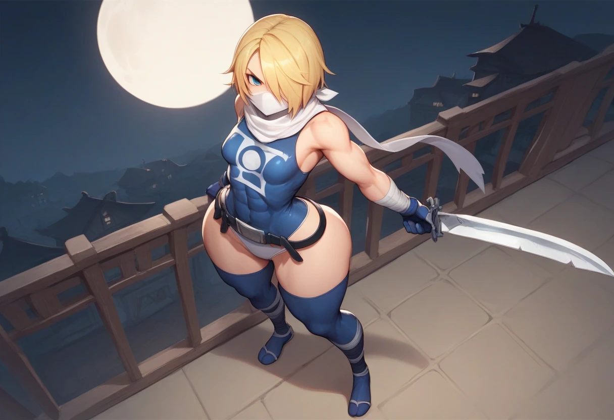 masterpiece, high quality, best quality, high resolution, 1woman, solo, absurd, beautiful, volumetric light, vibrant colors, fantasy, artbook, CG, illustration, 1 woman, mature, mature face, short blonde hair loose, thick thighs, big ass, combat position, half-naked, knees raised, sexy choir outfit, robotic, realistic shin guards, cinematic light, (transparent central opening through the mesh: 1.2 ),leg open, blue eyes,