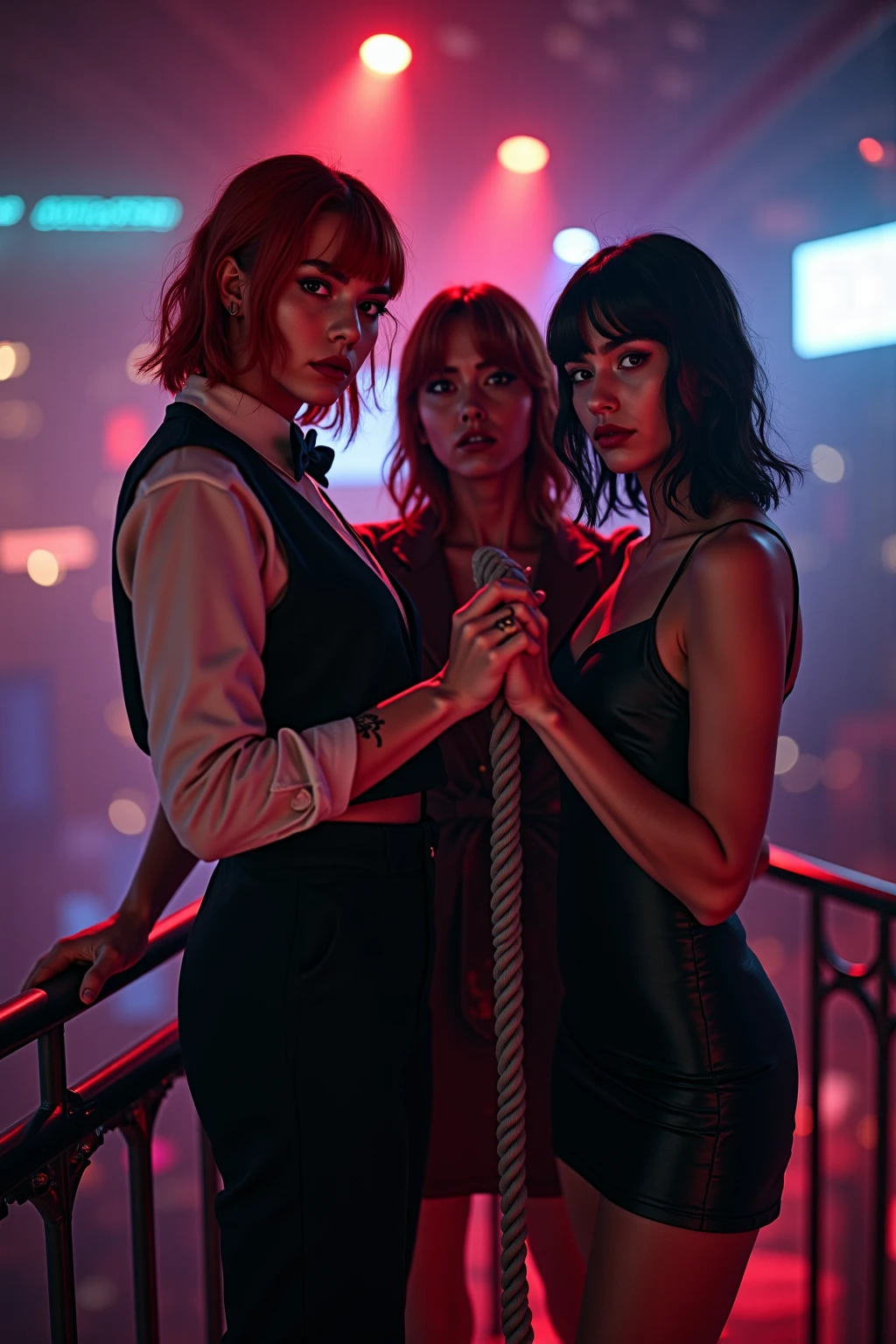 Emma Watson and (Sarah Hyland), sitting in the back seat of a limo, dark outside, ((low cut tiny micro velvet dress with thigh high stockings)), perfect legs, ((legs spread open)), up skirt, shy, embarrassed, (face blushing), ((choker)), (worried), (((bright magenta thong underwear)))