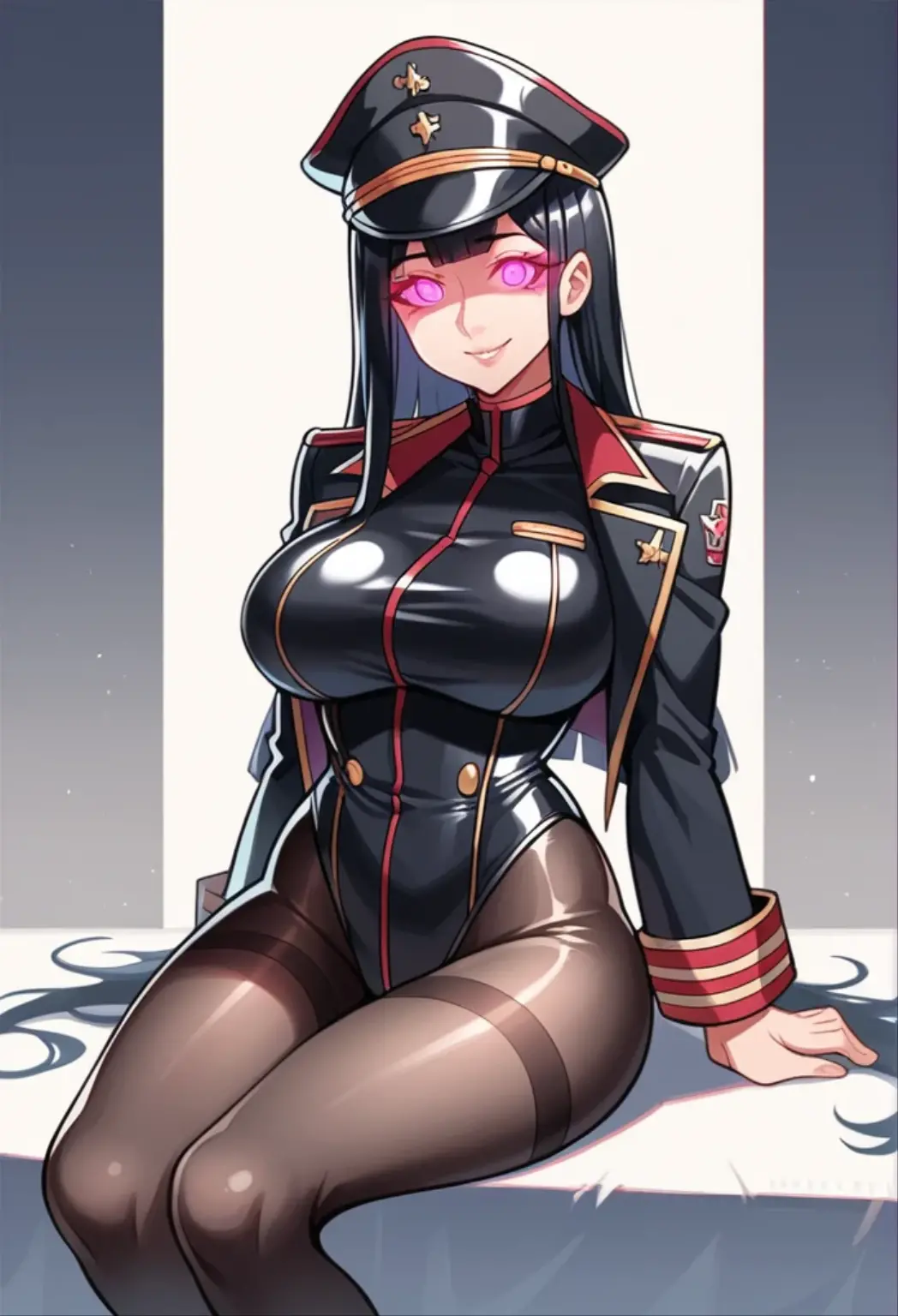 masterpiece, best quality, 1lady,black hair,long hair,glowing eyes, (finely detailed empty pupils and detailed face),,,,extremely detailed picture unity 8k wallpaper,solo,(latex military costume:0.9),large breasts,seductive smile,military hat,latex thighhigh,large breasts,black hair,pink eyes,black leotard,pantyhose,military coat,enamel suits,grossy lips,sitting,bust shot,sadistic smile,