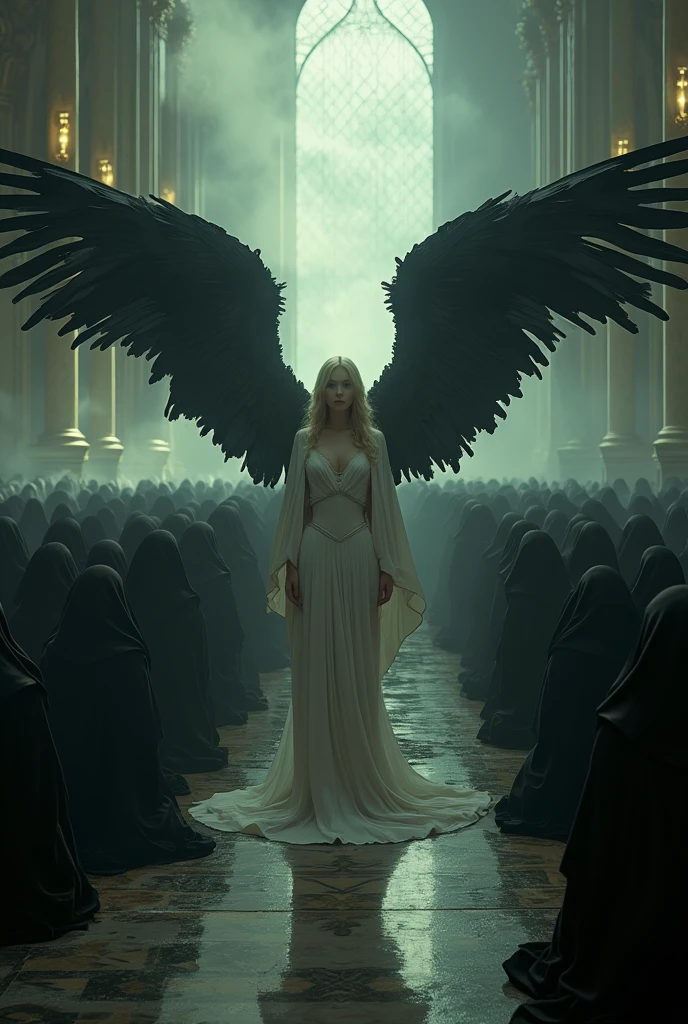Create an image of a symmetrical figure with angelic wings and anatomical details exposed, standing in a powerful stance on a checkered floor. The setting is dimly lit, and there’s a subtle halo floating above the figure’s head. The overall tone conveys a blend of mythical grace and intense determination. The figure’s wings are large and detailed, with almost realistic feathers. The figure is standing with one arm raised, holding a mystical artifact, and the other arm extended forward as if casting a spell. The halo is a soft golden color, emitting a gentle light that slightly illuminates the figure’s head. The color palette consists of dark and muted tones, predominantly grays, blacks, and dark blues. The wings are a pearly white, contrasting with the dark background. The figure’s skin is pale, almost translucent, standing out in the somber environment. The floor is a black and white checkered pattern, and the lighting is soft and diffuse, creating deep shadows and a mysterious atmosphere. The background is dark and nebulous, adding an air of introspection and mystery to the scene, reminiscent of the intense and supernatural atmosphere of ‘Constantine