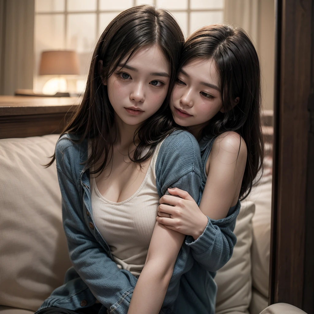 masterpiece，Highest quality，Advanced Details，1 male，1 female，((Hotel Bedroom:1.4))、((Japanese woman with straight medium-long hair:1.4))，((A woman wearing a white short-sleeved off-the-shoulder cotton shirt and a denim miniskirt:1.4))，日本人中年1 male，Black Haired Man，A man in a white dress shirt is very handsome，((Man hugging woman&#39;head:1.4))，The Woman is short，The man is tall，Reflects the height difference between men and women，The Woman&#39;Height: 160cm.，The man is 175cm tall...，男性が女性のheadに触れる:1.7、((They are standing in an empty room:1.5))、Women play a leading role、Women are skinny，Small breasted women、