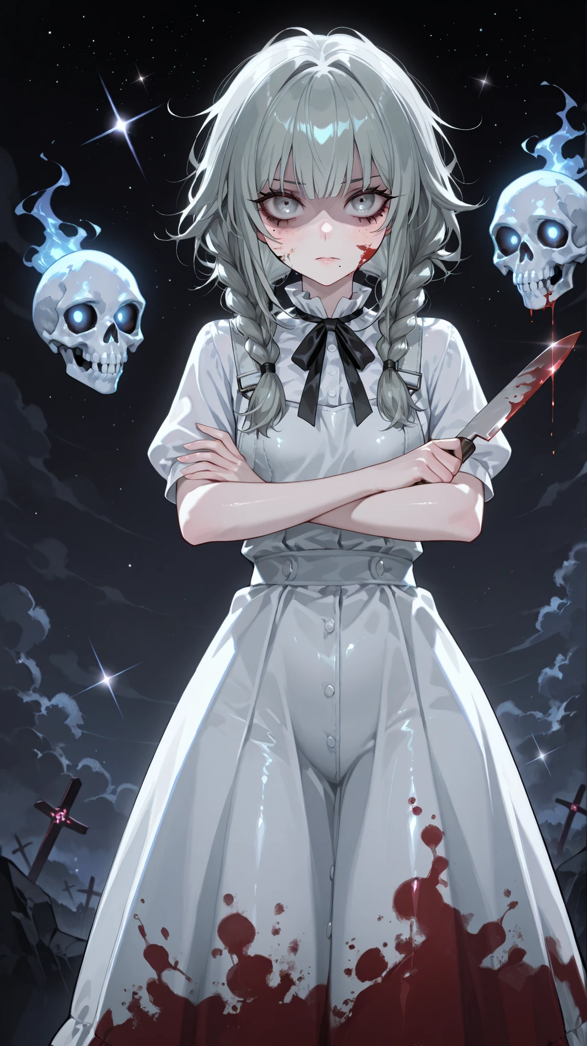 marina (fear and hunger 2) a beautiful young girl with pale skin standing in the middle of the image, looking up at a large, glowing skull with a menacing expression. the girl, who appears to be in her early twenties, a girl,slim, has long, wavy grey hair and is wearing a long, white dress with a black ribbon tied around her neck. she is standing with her arms crossed, holding a knife in her right hand, and her face is painted with red paint, giving off a horror theme. the background is a dark, starry night sky filled with clouds, and the overall mood is eerie and foreboding. in the bottom right corner, the girl stands with her back to the viewer, A black and white comic strip featuring. looking down at the skull, her long, dark hair cascading down her back. “Nightmare Catcher” suspended in a stormy, the overall tone of the comic strip is dark and moody, with a focus on the girl's expression and the glowing skull, creating a sense of horror and suspense.otherworldly atmosphere that captures the essence of an imaginary companion hidden between reality and dreams. 1girl, solo, unrivaled beauty, grey hair, twin braids, grey eyes, juicy lips, medium hair, slim hips, mole, mole under mouth, small breasts, blood on face, shiny skin, intricate, long eyelashes, beautiful eyes, beautiful face, pale skin, frills, shaded face, runny makeup, side slit, bangs, messy hair, freckles, black eyeliner, impatience,