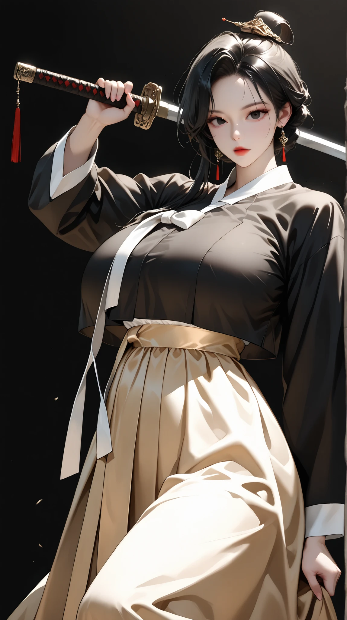 very aesthetic, 걸작, 고해상도, 8k 해상도, high contrast, (semi-realistic), newest, koreanai, best_quality, finely_detailed_eyes_and_detailed_face, (1 girl), solo,(black_eyes), long_hair, topknot, (black_hanbok, black_clothes, hanbok), wide_sleeves, tight_waist, earrings, accessories, fighting_stance,brave perspective, both_hands_holding sword, beautiful, pretty, (standing, black_background), looking_at_viewer, front_view, cowboy_shot, (humongous_breasts, huge_breasts, tall_height, thin_waist), (muscular:1.2), black_hair, expressionless