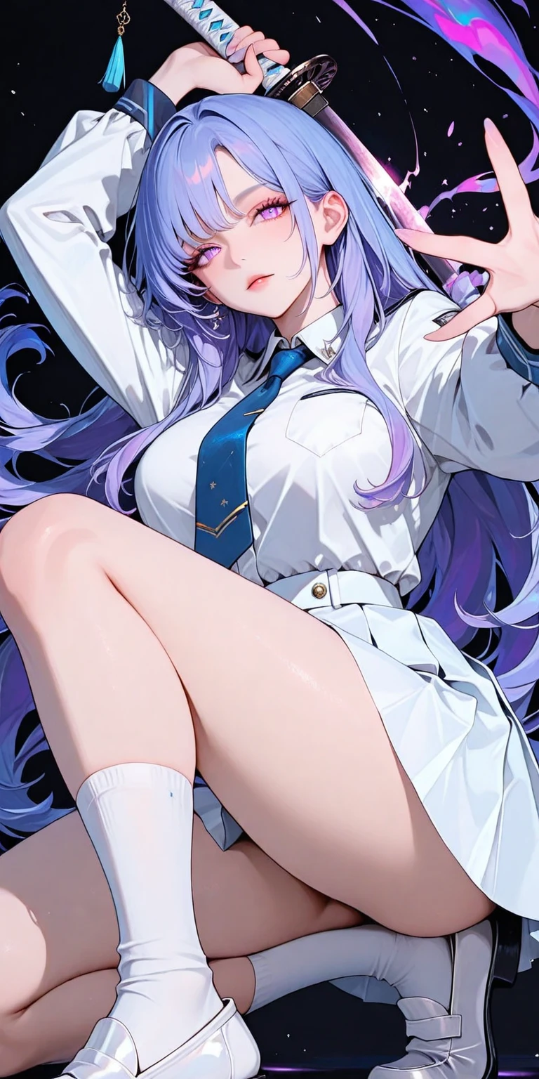 lolver-white long hair,Twin ponytails to waist, broken hair curtain,,Crystal purple eyes,sailor uniform school uniform,Raise the skirt with both hands,Show off with a smile,White has a heart shape,Detailed description of thighs and calves,legs long,close-up on legs,Sitting on the school roof,Legs dangling in the air,A hand ruffled his hair,Black silk pantyhose