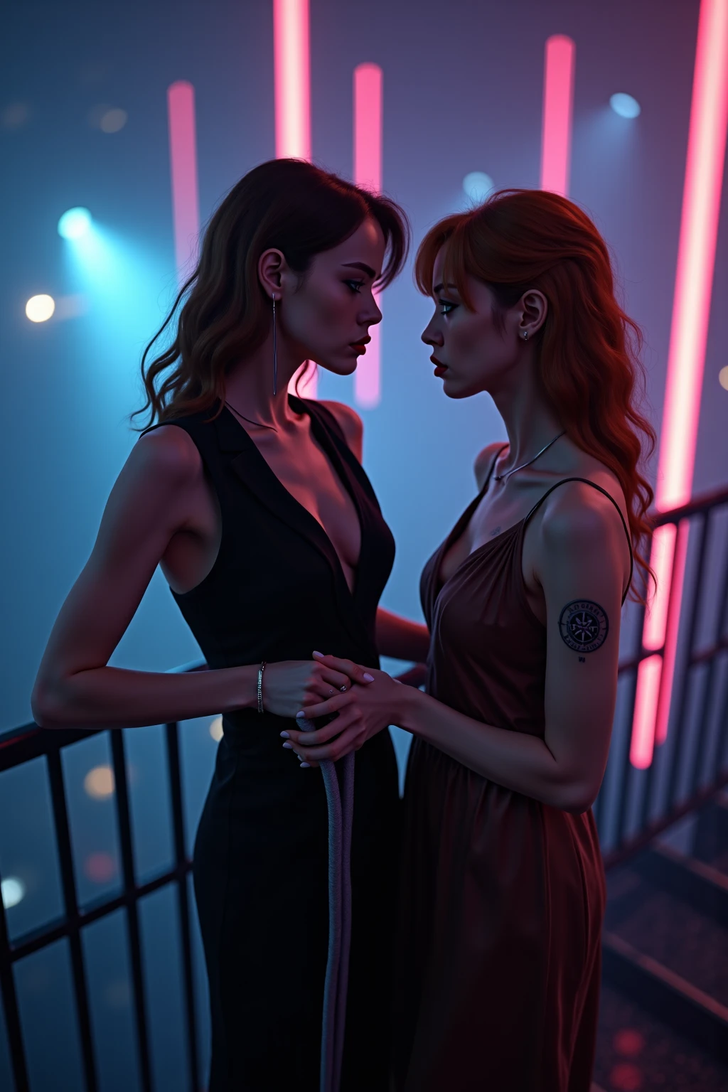 A young woman witch with dark hair stands on the baths and shakes a female vampire with short red hair