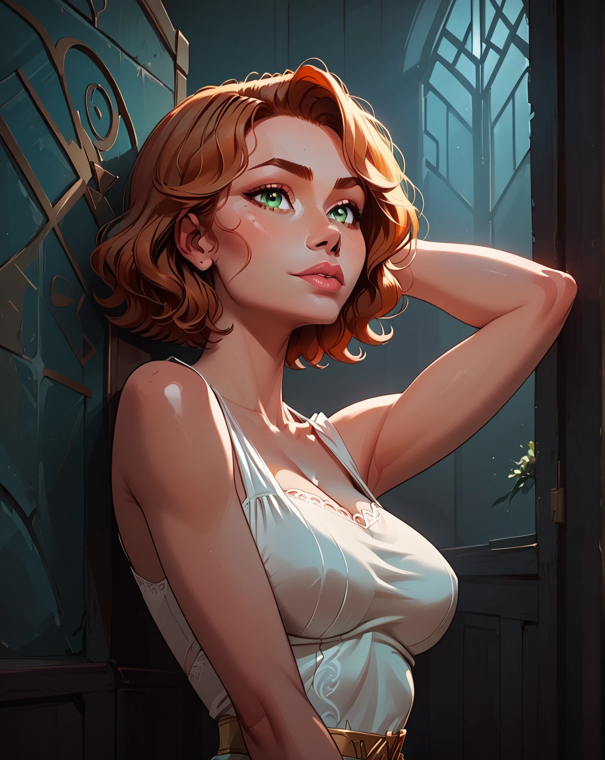 Highest quality, (masterpiece:1.2), figure, Absurd, (One girl, alone), (Beautiful detailed girl), ((Upper Body, Portraiture)),, Neck McMillan, short hair, Orange Hair, blue eyes, Medium chest, blue crystal earrings, White jacket, , nice, Calm, View your viewers,, Elegant bedroom interior, night, window, curtain, Starry Sky, lamp, Bookshelf, nightstand, vase, machine,