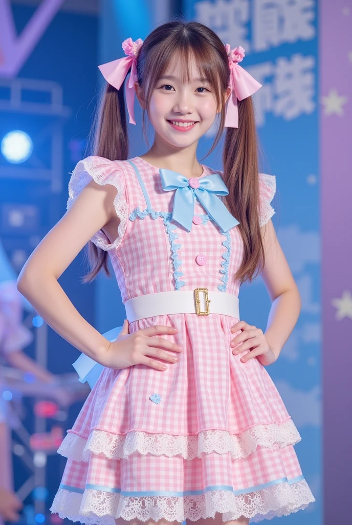 「NSFW」4k、high-detail、japanaese girl、Healthy skin、modeled、Fluttering Dresses、kawaii faces、Popular Japan idols with a smile、Big eye false eyelashes、(((Dancing and singing on stage)))、Lit up、jumpping、Korean adult idols、Mature costume