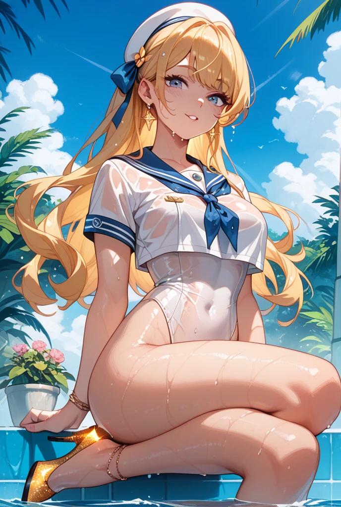 masterpiece,8k,Fairy tale style,sleeping Beauty,A woman with big ,ahegao,Long blond hair,Mines tie clothes,Showing belly,Slim waist,Lying in the sea,Wet clothes,
