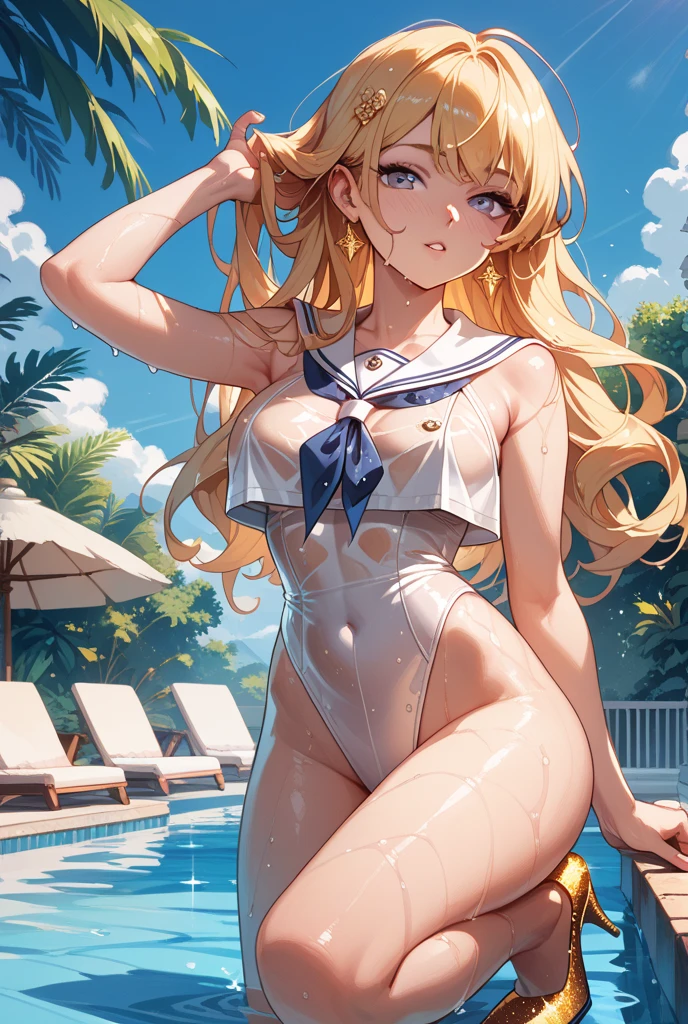 1 lady, HD quality, anime, solo full body shot, (sitting with hands back:1.3), (open legs to limit:1.5), (with one knee up:1.3), showing  pubic area:, (under boob:1.6), Large breasts, (cleavage), shiny skin, smiling, (thin thighs:1.3), (Sailor uniform only for the upper body:1.5), (Crop Top sheer  white shirt:1.5), (sleeveless:1.6), without brassiere, (sheer white tiny micro thong:1.5), poolside, (Green detailed eyes), blue sailor collar, red ribbon tie