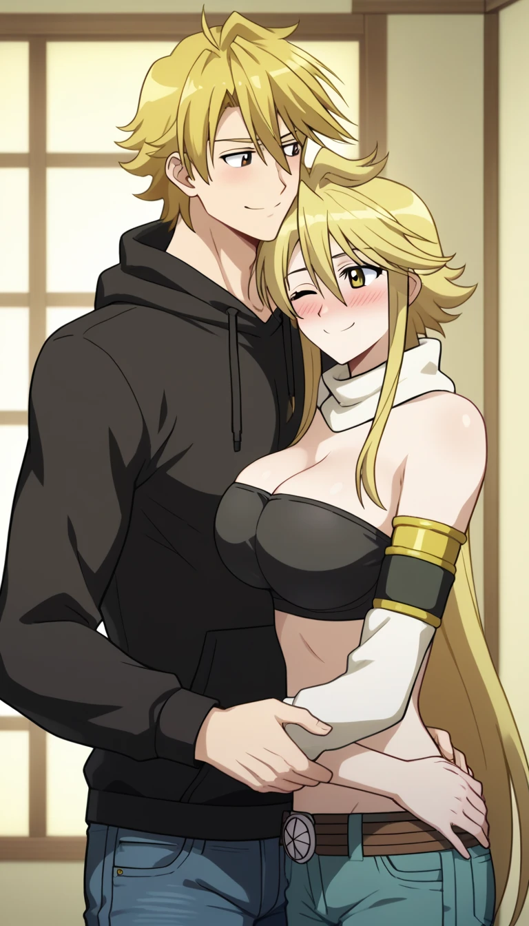((best quality)), ((masterpiece)), (detailed), perfect face, tanned skin anime girl in a deep V-neck tied top (bare shoulders), (long skirt), she is hugging a handsome boy, the boy is grabbing her stomach tightly from behind
