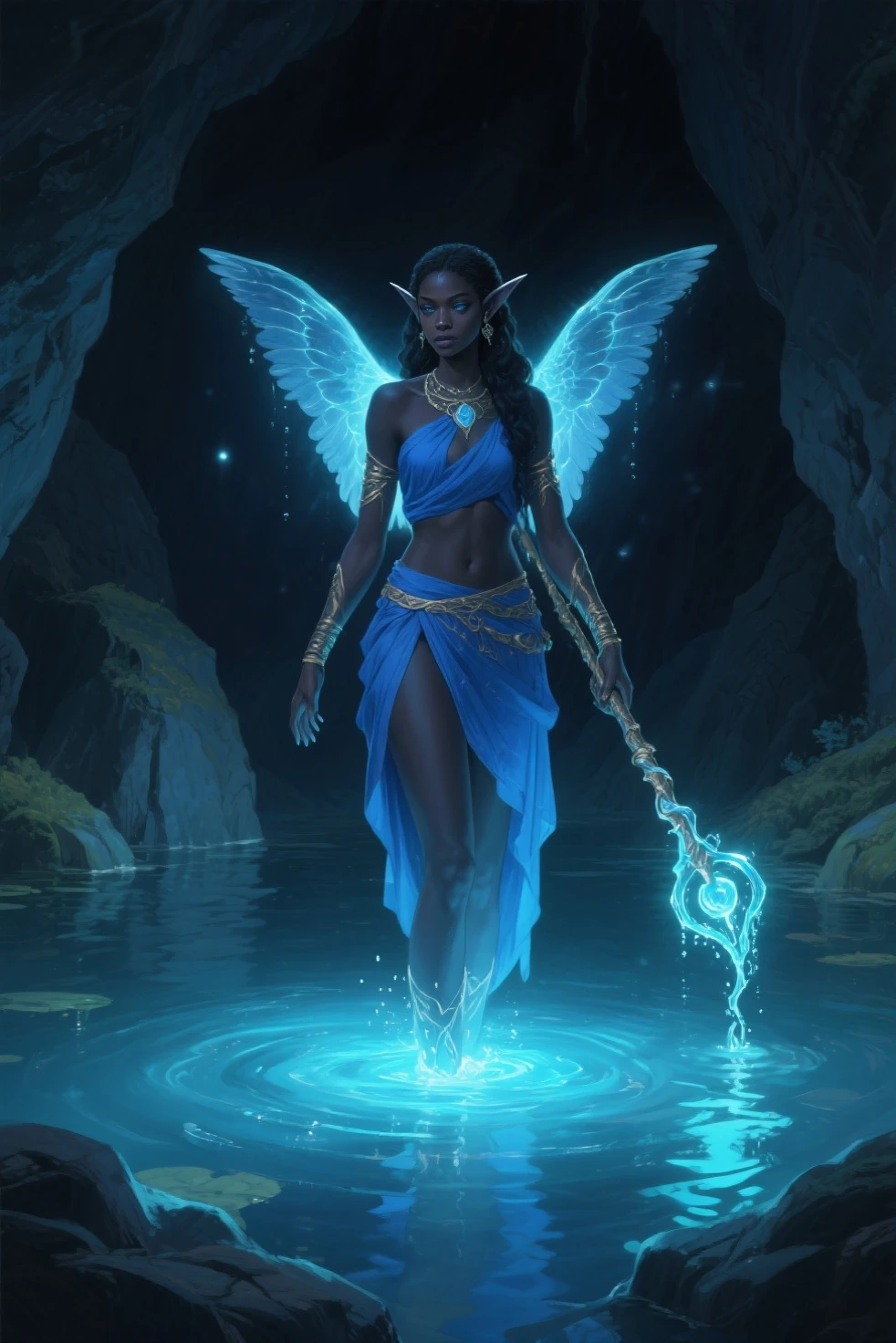 Dark Fantasy,(masterpiece, best quality, ultra-detailed, highres, best illustration),perfect face, ((solo, solo focus)),sidelighting, lustrous skin,(bloom), (shine), ray tracing,1girl, solo, dark skin, weapon, dark-skinned female, rapier, sword, earrings, high heels, jewelry, very dark skin, full body, looking back, thighhighs, holding weapon, hair ornament, holding, butterfly wings, blue eyes, wings, backless outfit, holding sword, makeup, dress, from behind, standing, black hair, puffy sleeves, bare shoulders, looking at viewer, boots, breasts,depth_of_field, city background,very detailed background,extreme light and shadow,(detailed eyes), (beautiful) beautiful detailed eyes, perfect lighting , perfect anatomy,(extremely detailed illustrated 8k wallpaper),(masterpiece), (best quality), (ultra-detailed), (best illustration),(best shadow), vivid colors, <lora:Dark_Fantasy-10:1>