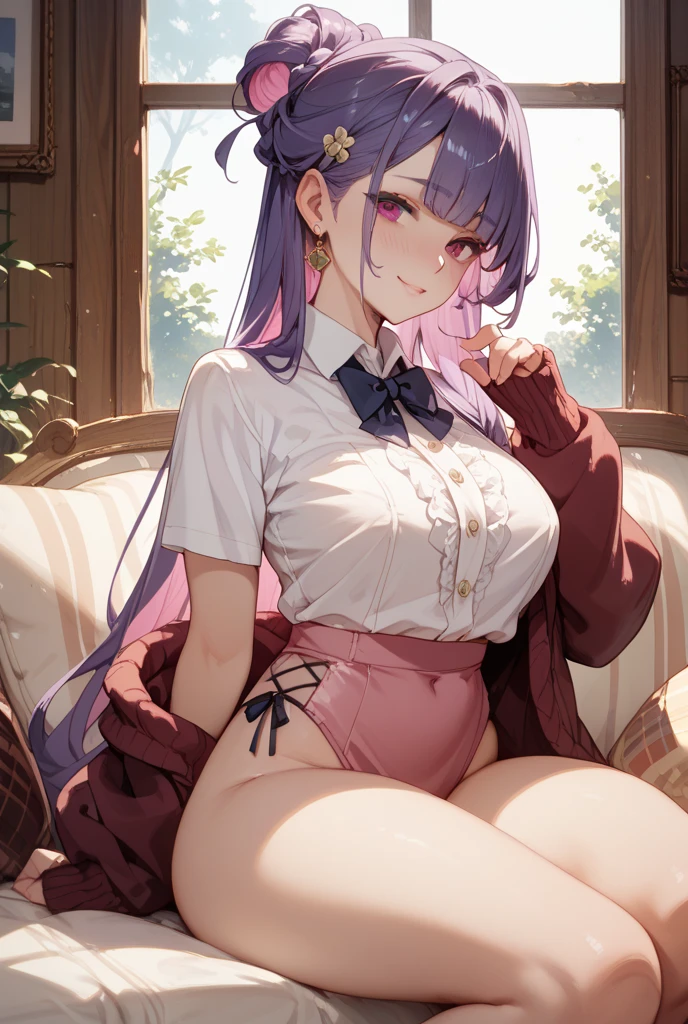 nsfw, best quality, masterpiece, highres, cowboy shot, looking_at_viewer, solo, {patchouli_knowledge_touhou:1.15}, long_hair, purple_hair, crescent, purple_eyes, ribbon, hat, bow, bangs, mob_cap, hat_ornament, crescent_hat_ornament, hair_bow, red_bow, blue_bow, red_ribbon, capelet, hat_ribbon, striped, very_long_hair, 1girl, blunt_bangs, dress, long_sleeves, striped_dress, vertical-striped_dress, vertical_stripes, blue_ribbon, purple_dress, purple_headwear, sidelocks, bowtie, frills, purple_capelet, red_bowtie, wide_sleeves, Enchanted Libraries, fantasy,( dress tug, wind lift),( detailed white panties:1.2), panty shot, sitting on the desk,( spread legs:1.2), barefoot, orgasm, orgasm face, enjoying,( fingering:1.3),( solo masturbation), toes curled,