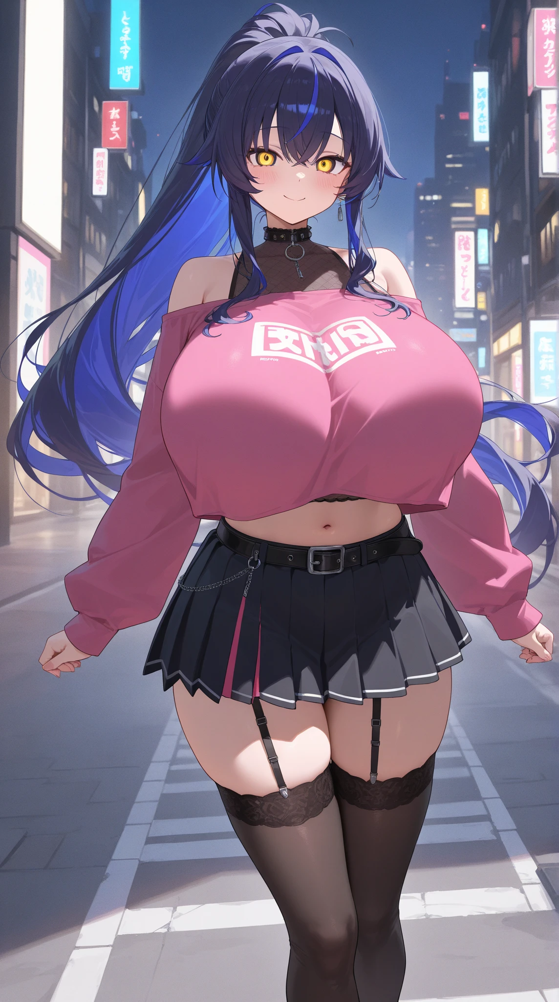 (masterpiece, best quality, ultra-detailed, 8k wallpaper, photorealistic), 1 girl, curvaceous but slender body, big breasts, printed colorful micro bikini top, fleece jacket, shorts, thighhighs, bangles, choker, backpack, city streets, street lights, late night,(purple hair,twintails:1.4),(red eyes,shining eyes:1.5),(portrait:1.7)