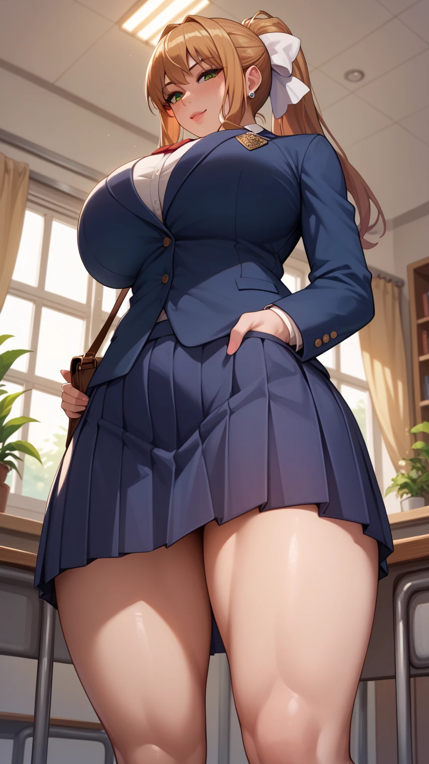 masterpiece, high resolution, beautiful woman, Korean Beauty, , mini skirt, high school student, beautiful woman, looking at me, (high resolution face), (high resolution eyes), (high quality eyes), thighs, big tits
