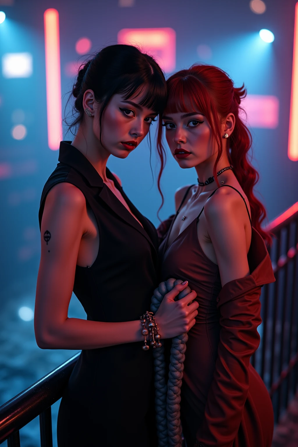 (2 girl) in dance concert , standing front of stage, (Blue jacket) ,> black skirt, Wild pinkish haircut, short red hair, dark red lips, dark heavy eyeshadow, piercings, lip rings, earrings, eyebrow rings, nipple rings, goth, dungeon, dark, dimmed light , dark erotic fantasy,NSFw