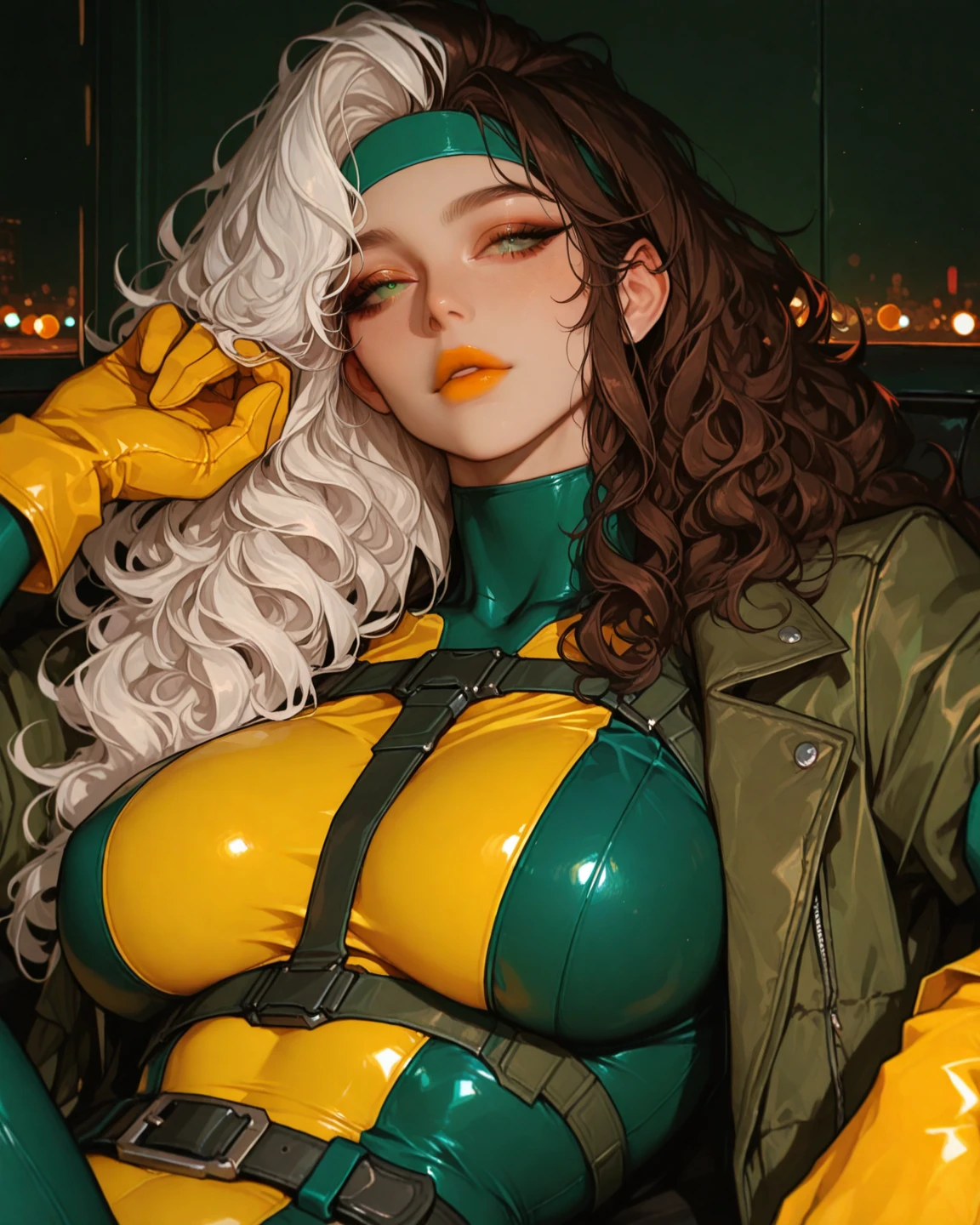 good anatomy, masterpiece, best quality, bokeh, depth of field, highres, high quality, 1girl,
CARTOON_X_MENs_Rogue,ownwaifu,
long hair,breasts,brown hair,green eyes,lipstick,makeup,lips,white hair,two-tone hair,headband,wavy hair,large breasts,messy hair,curly hair,big_hair,
yellow bodysuit,jacket,gloves,belt,yellow gloves,green bodysuit,bodysuit,multicolored bodysuit,superhero, skin tight,multicolored clothes,
