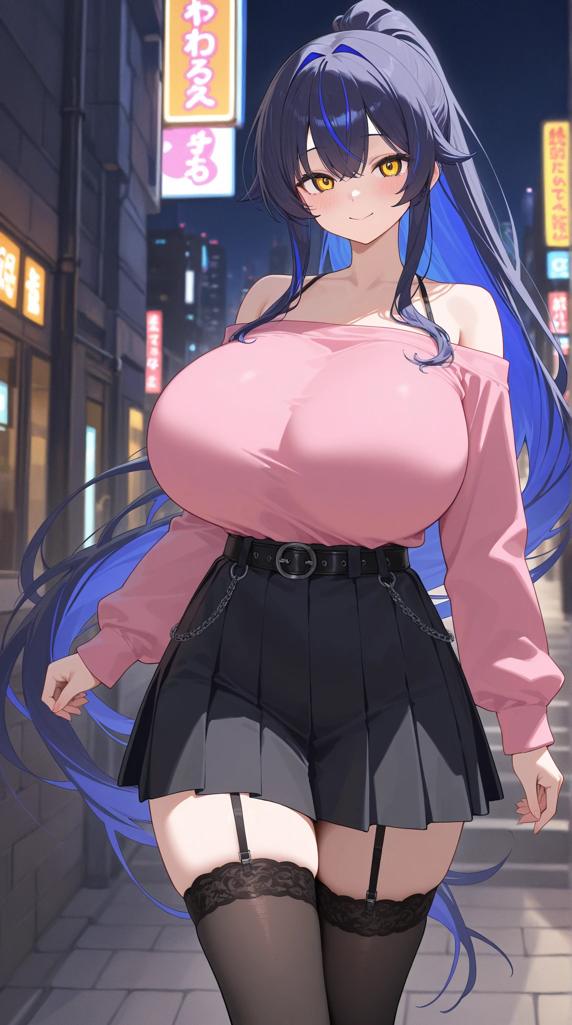 (masterpiece:1.37), best quality, (extremely detailed:1.37), woman, (mature:1.5), (adult:1.5), large breasts, very long hair, (straight hair:1.5), dark purple hair, purple eyes, (extremely detailed eyes:1.37), crop top, cleavage, navel, cleft of Venus, jeans, desperation, (wetting self:1.5), standing, embarrassed, humiliation, blushing, angry, city, futuristic, neon lighting, high-tech, street, skyscraper