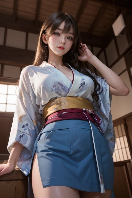 Masterpiece、top-quality、girl1、ultra-detailliert、View looking up from directly below A dark-haired、hair adornments komono、Japanese clothes with pictures、obi lift hem、Lift yourself Mansuji、panties on