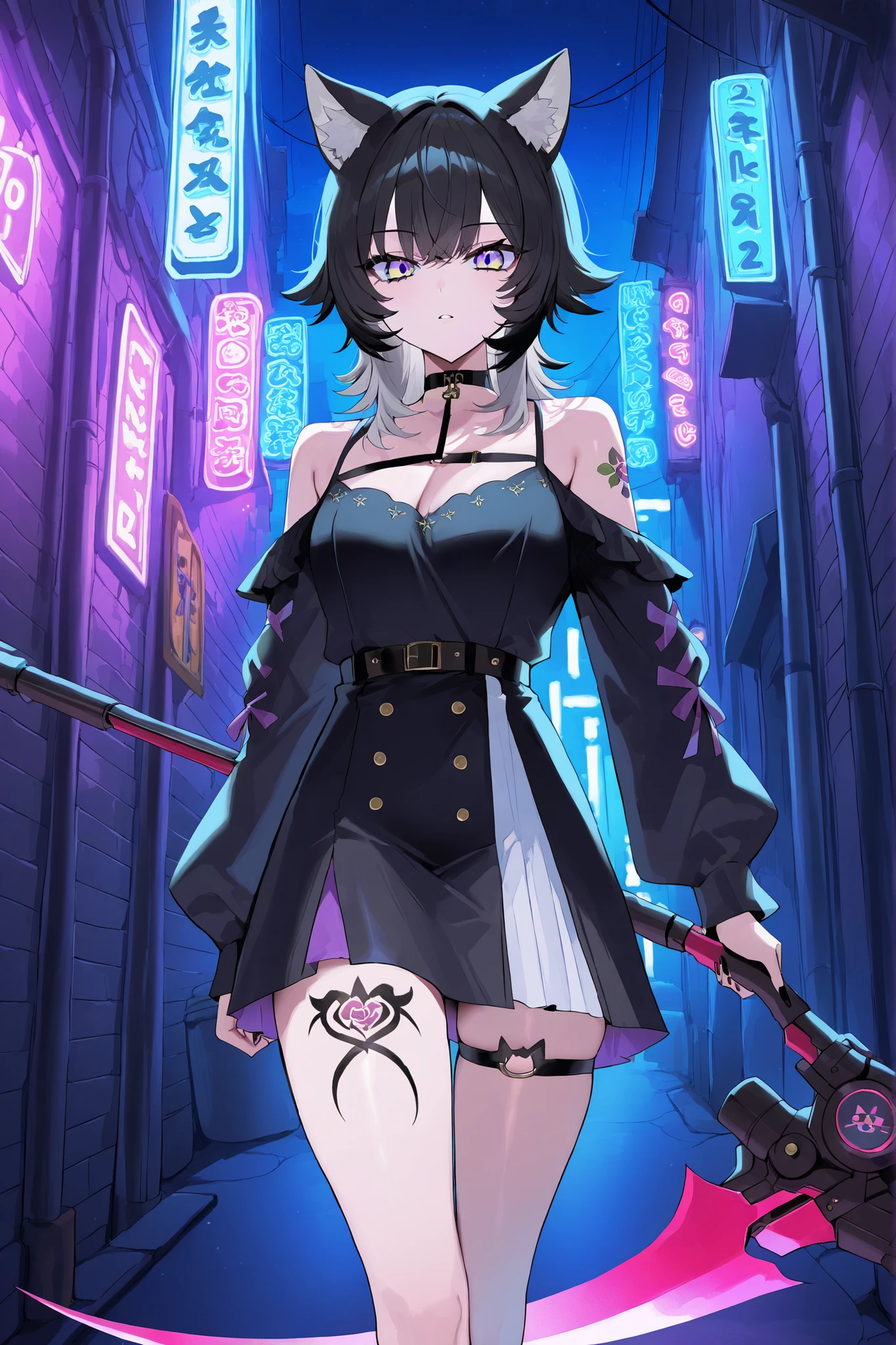 ((From front)), thigh up, Neko Female, ((wolf cut black hair, Black cat ears))) , long Wolf Cut black hair, (yellow and purple Ombre eyes), Black and white dress like Yor, wearing Chocker, wielding Scythe, back of alley background, Neon Lights, motorbikes in background, focus on character, looking at viewer art, night.((tattoo on thigh))