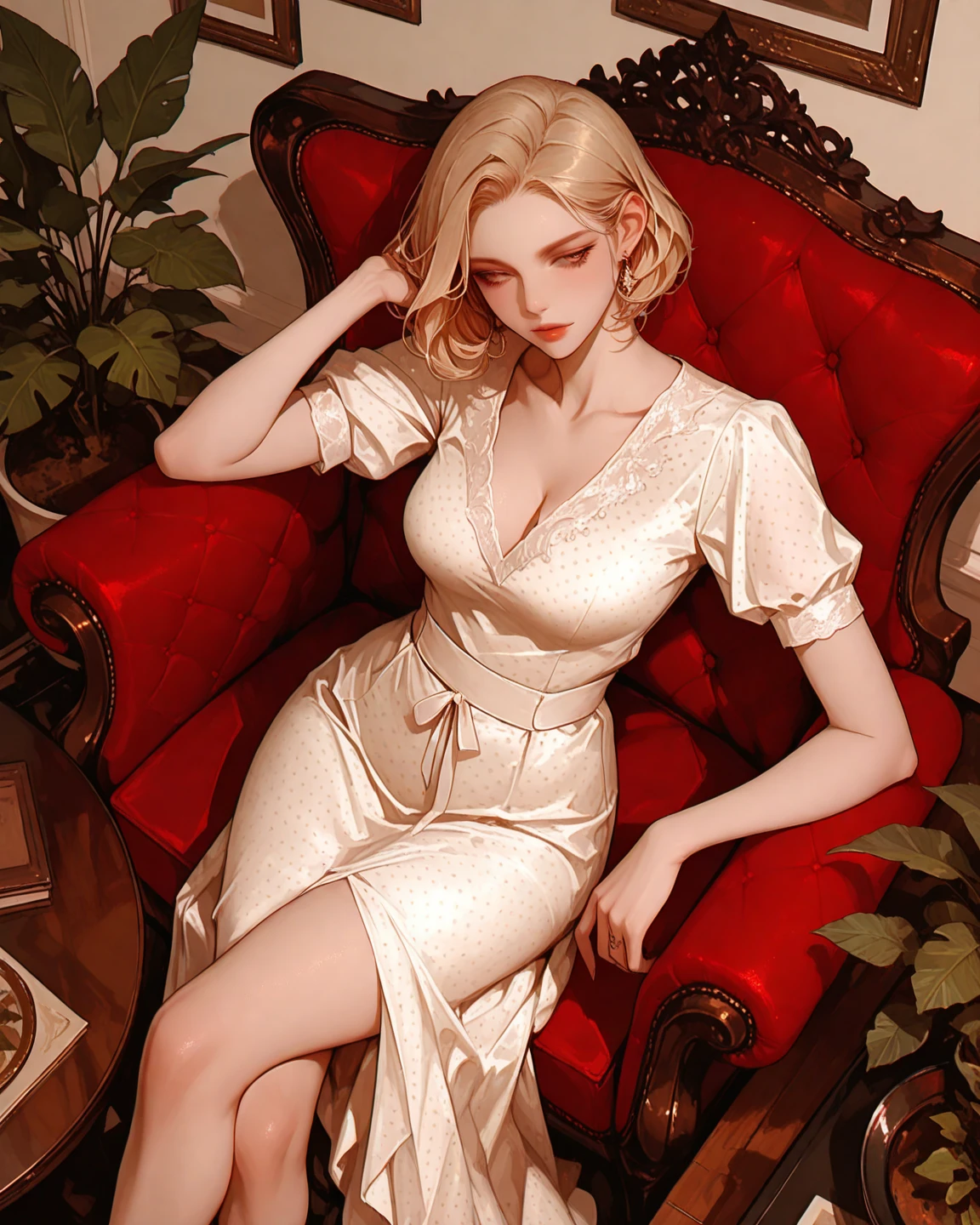 Sitting on a chair, white dress, legs open, top view, bird's-eye view, beautiful woman, older woman, toilet