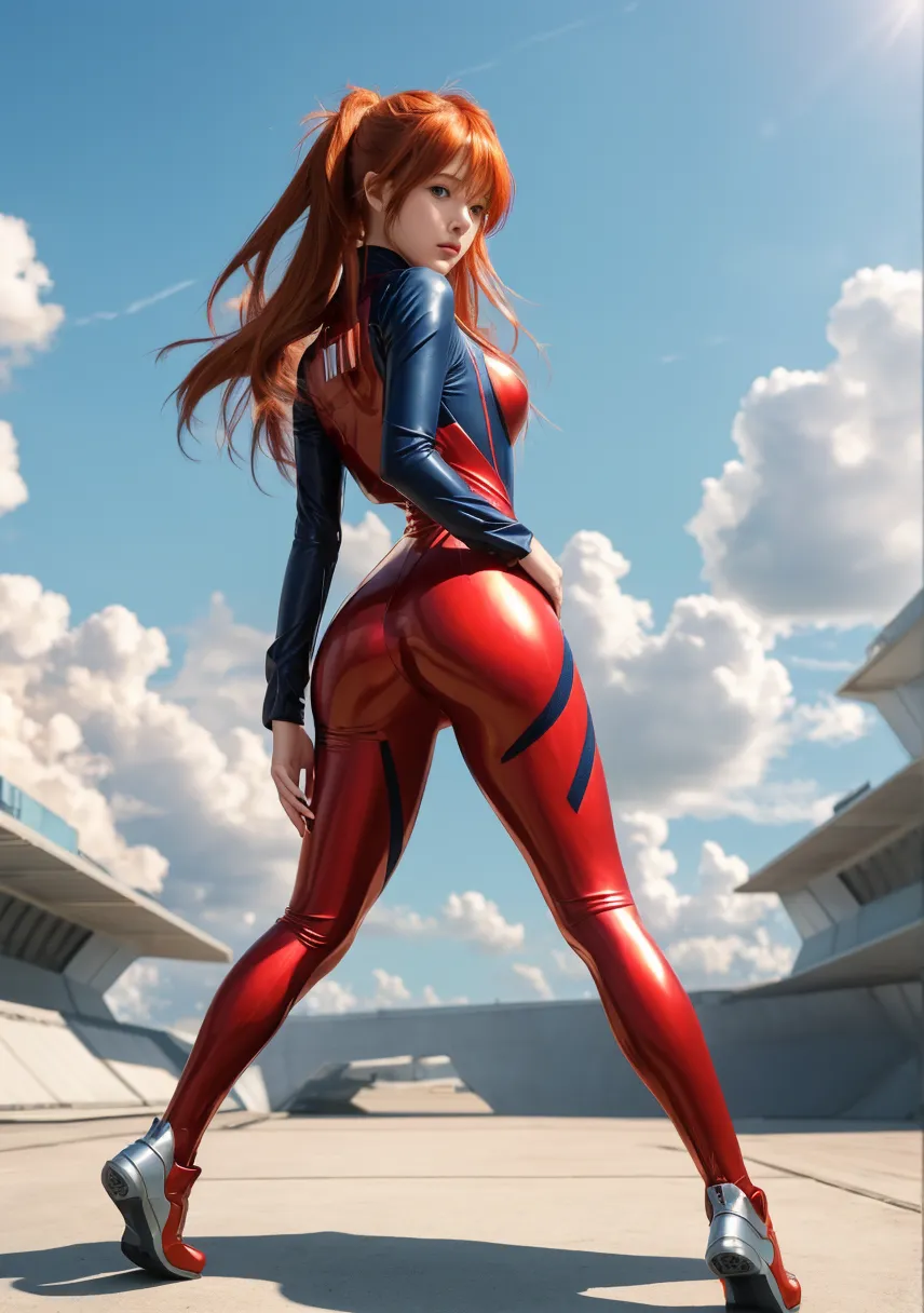 1girl, medium breasts, leotard, red leotard with blue accents, bare legs, boots, matching boots, bracelets, city backdrop, solo, single, standing, full body shot, cowboy shot, beautiful detailed eyes, blue eyes, mature lady, red hair, medium hair 