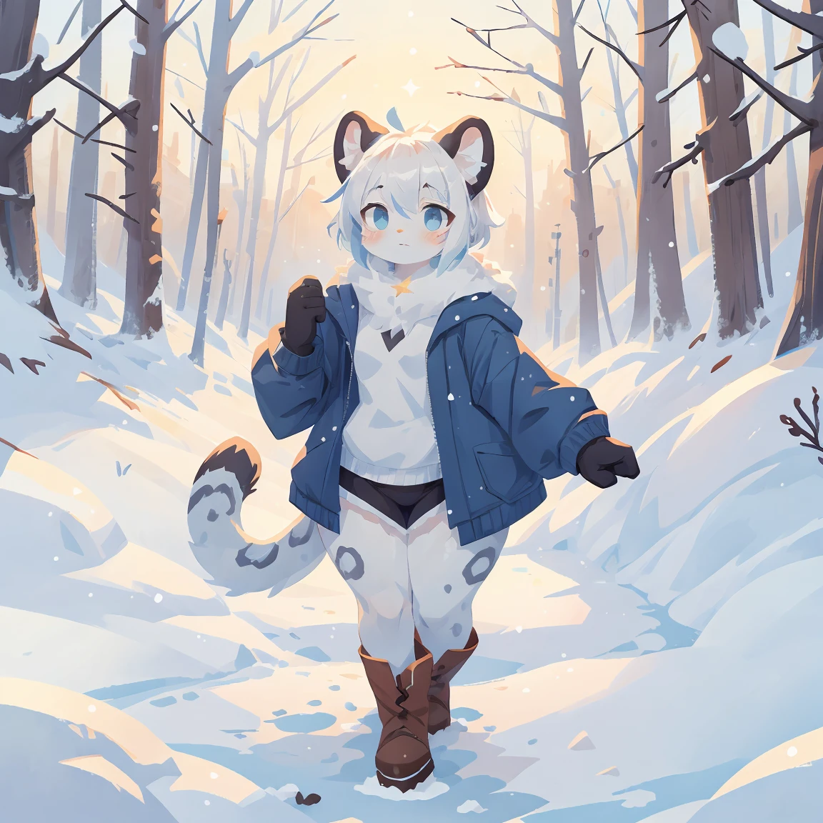 Solo, Furry, Anthropomorphic Snow leopard, Kemono, Androgynous, Curvy body, Round face, Thick thighs, Flat , Grey fur, Blue eye color, Calm expression, White hair color only, Very short hair, Wearing blue winter clothing, Brown boots, Brown gloves, Alone, Background: Outside in the snowy countryside 