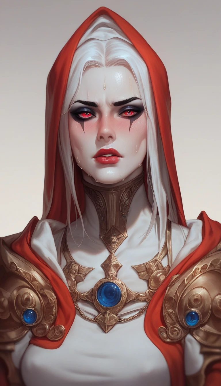 portrait of a woman, illustration, nsfw, fantasy, {(by Charlie Bowater)|(by Jesper Ejsing:1.2)|by Sam Bosma}, (masterpiece, best quality:1.3), (highly detailed:1.5), UHD, 8K, beautiful, jawline, cheekbones, (red lips, red eyes), white hair, long hair, collarbone, medium breasts, leather cloak, black cloak, hooded, looking at viewer, snowy fields, moon, (amazing background), moonlight, backlighting, diffused light, soft focus, (depth of field), trending on artstation