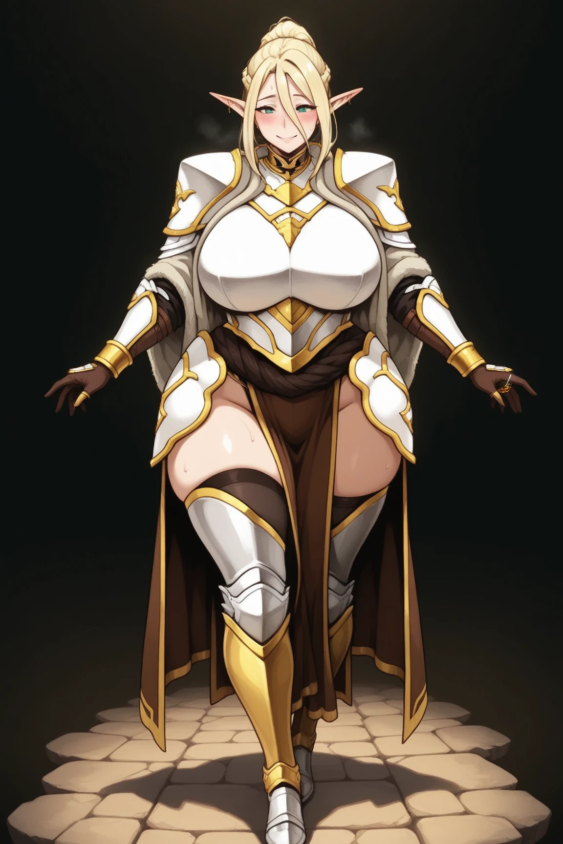 (masterpiece, bestquality, ultra-detailed, 8K high resolution, artstation on trending, Detailed Design), photorealistic, anime screencap,
(1girl, fullbody, looking at viewer, front view), (standing contrapposto pose, dynamic cool pose, perspective, dynamic angle), depth of field,
(Artoria Pendragon (Lancer) \(fate grand order\):1.3), fullbody costumes, shiny gold eyes, Sacred Castle, Sacred Castle Town, impossible clothes, Impossible costumes, extremely gigantic saggy breasts, covered impossible gigantic puffy nipples, skinny, thin waist, thin thighs, slender-body,