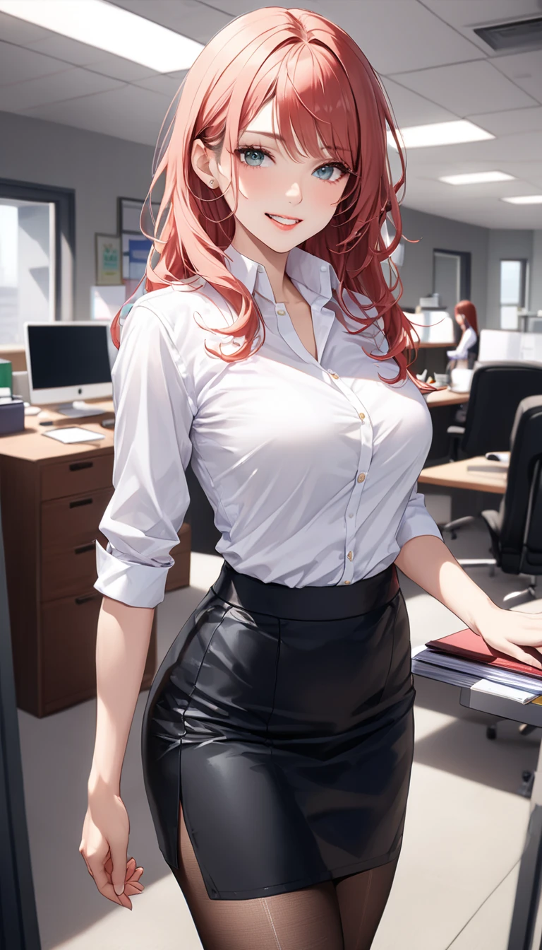 In manhwa art style young adult Korean woman 24s. Her hair is himecut with bangs and ginger color. Her face is oval , which carry a hopefully and cool face. Her skin is radiant and clear, and her lips is red pink. Brown color eyes are captivating and beautiful. She is wearing a black pants and blue long-sleeved and glasses blouse while inside his photographic studio 