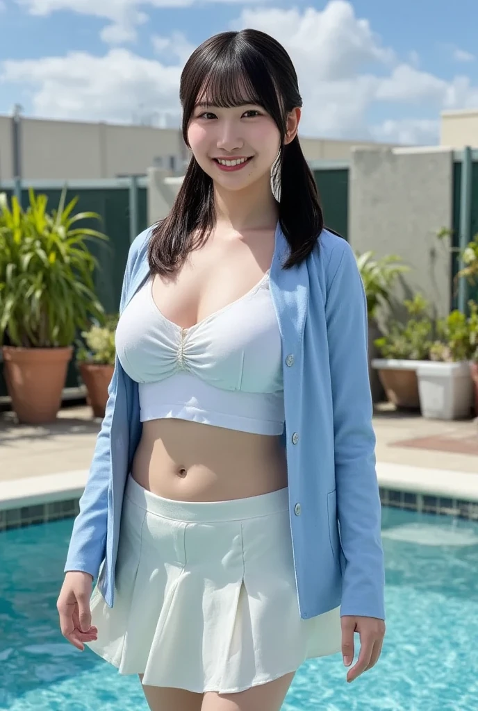 raw photos, best quality, masterpiece, epic, highest detail, 18 years old, japanese girl, solo, (((school uniform))), ((e cup breast)), black short hair, ((expsing a navel)), smile, at the pool side, outdoor