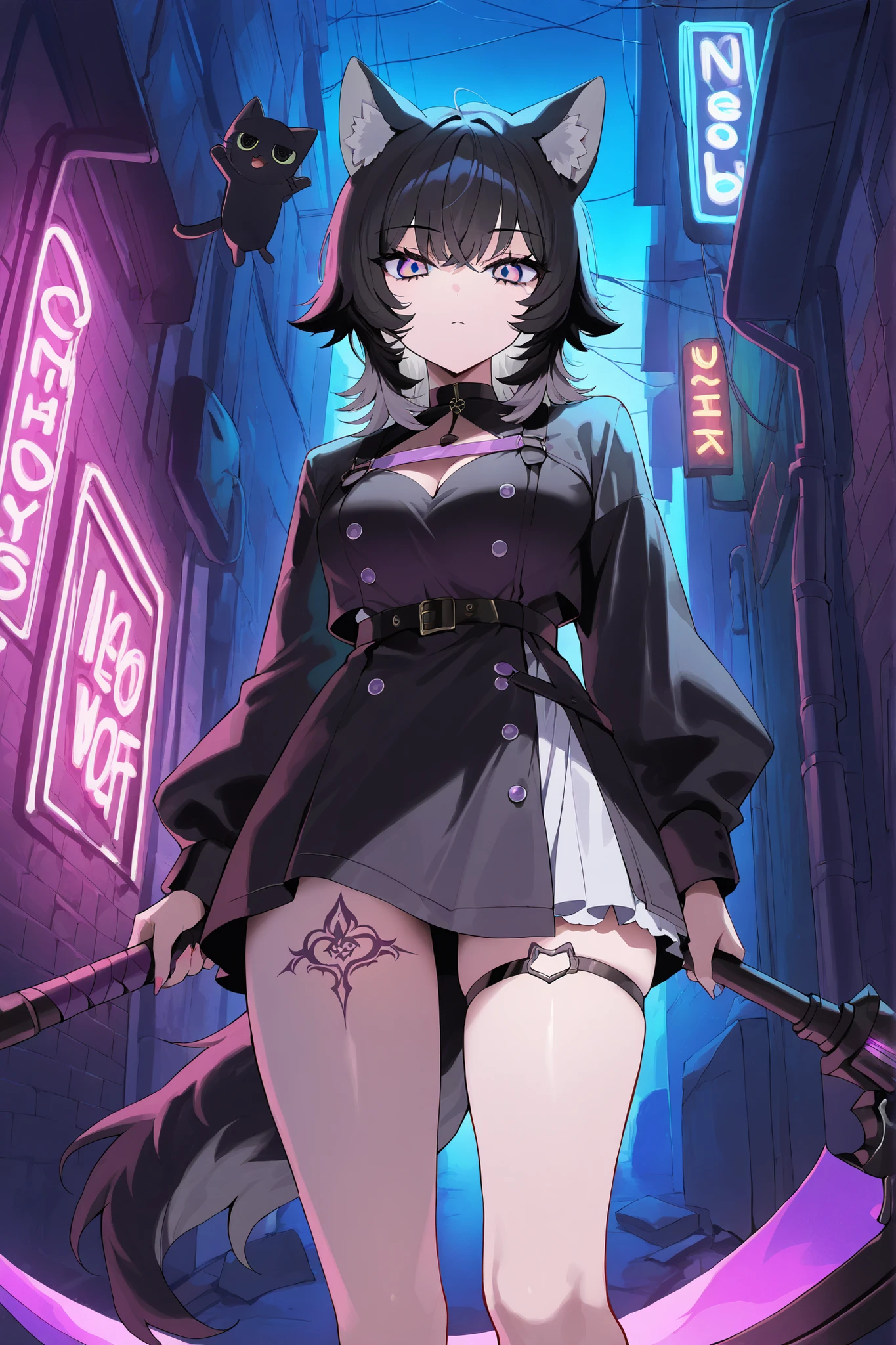 ((From front)), thigh up, Neko Female, ((wolf cut black hair, Black cat ears))) , long Wolf Cut black hair, (yellow and purple Ombre eyes), Black and white dress like Yor, wearing Chocker, wielding Scythe, back of alley background, Neon Lights, motorbikes in background, focus on character, looking at viewer art, night.((tattoo on thigh))