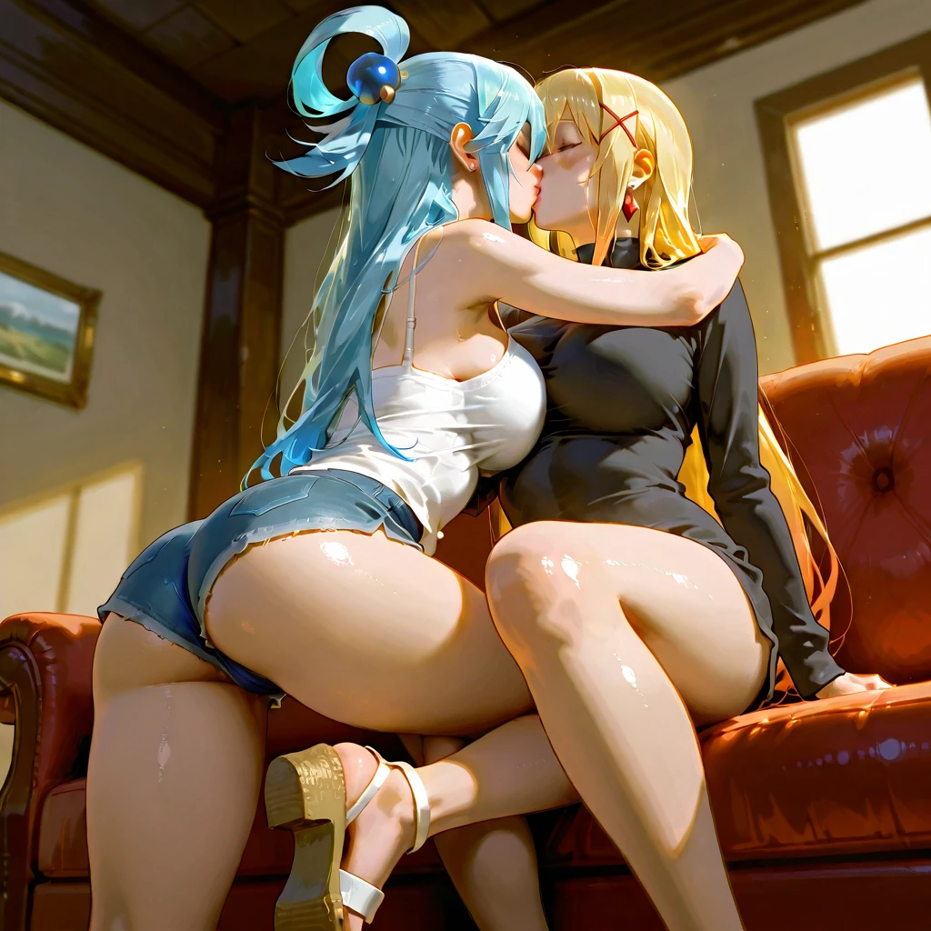 Lesbian (long yellow hair)with a very tight swimsuit) big breasts, big thighs,kiss with his girlfriend (loose white hair), big breasts, big thighs,lesbian love