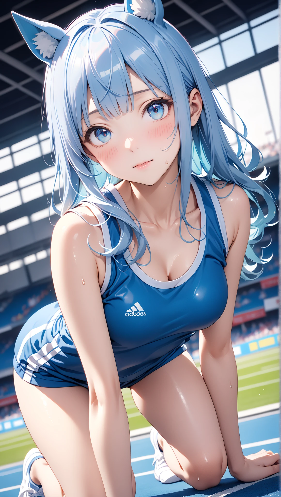 NSFW,masterpiece,Highest quality,High resolution,Super detailed,Star Town Suisei\(Hololive\),Blue Hair,One Side Ponytail,Blue Eyes,Small breasts,Track and field club,Descente Bra Top,Descente One Point Shorts,Streaks,Athletics Stadium,truck,blush,Expecting face,(Sweat),Sports Drink,Girl sitting
