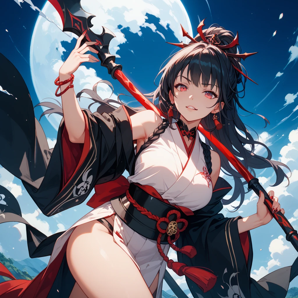 A black-haired woman wearing a shrine maiden outfit with slits in the legs　　1. Possess a revolver-type handgun.5　Thigh-high boots