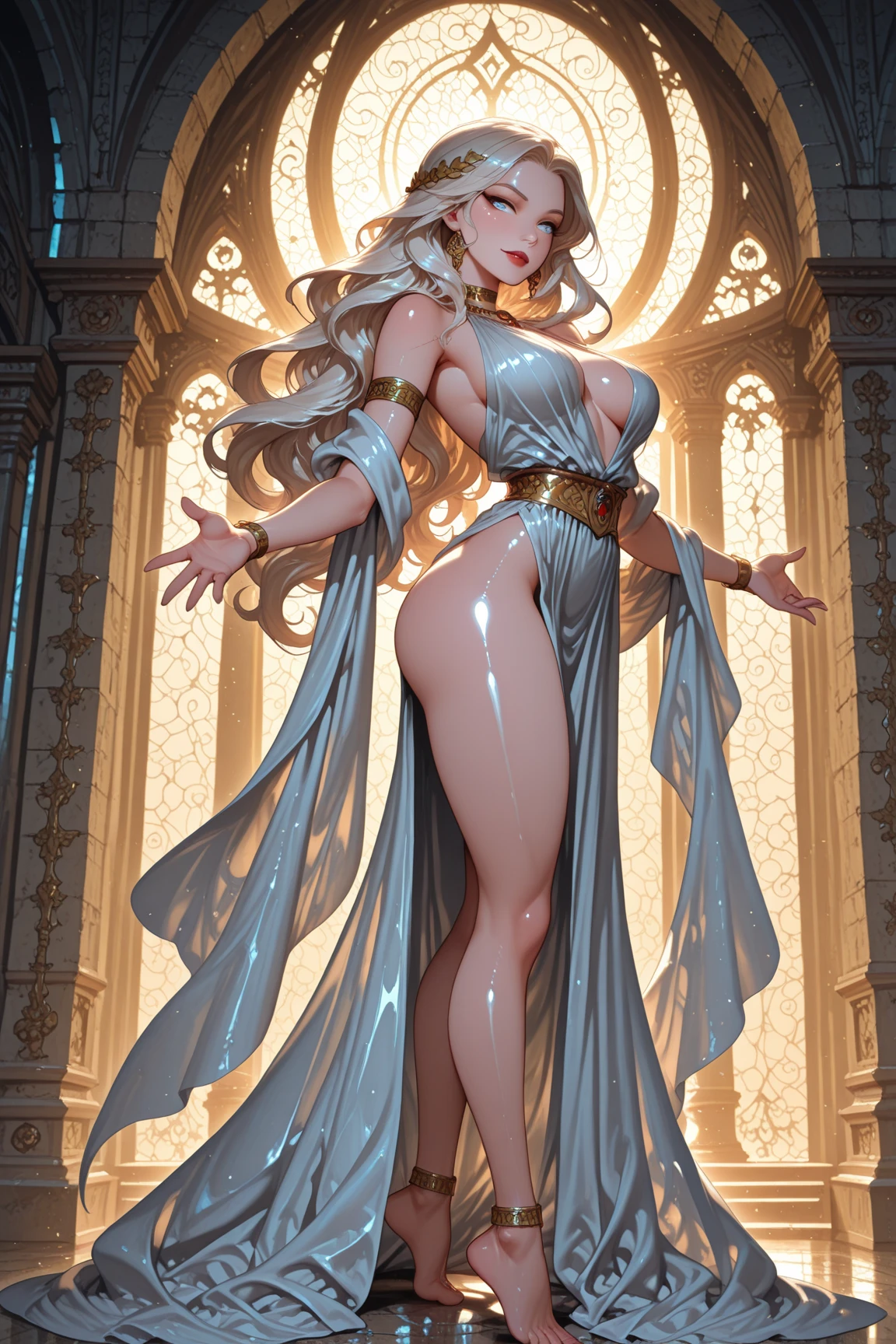 masterpiece、top-quality、(Blonde colored long hair、I have bangs:1.1)、(25 year old woman)、 (gold eyes:1.5)、(Big round eyes:1.5)(wearing a gold off-shoulder dress:1.2)、(Emphasis on the chest:1.1)、(modest smile expression:1.3)、(Staring:1.5)、(Close-up of the subject's face:1.3)、standing、five perfect and beautiful fingers、place the camera over the subject、The background is the party venue、Bold composition、Upper body is shown、Alone、Gold bracelet、Gold necklace with blue gemstone、Gold Tiara、Open your mouth、(Curly Hair)、(Large Breasts:1.0)、Gold Collar、midnight、Starry Sky、Palace balcony、(Glowing Skin:1.2)、(full body:1.5)