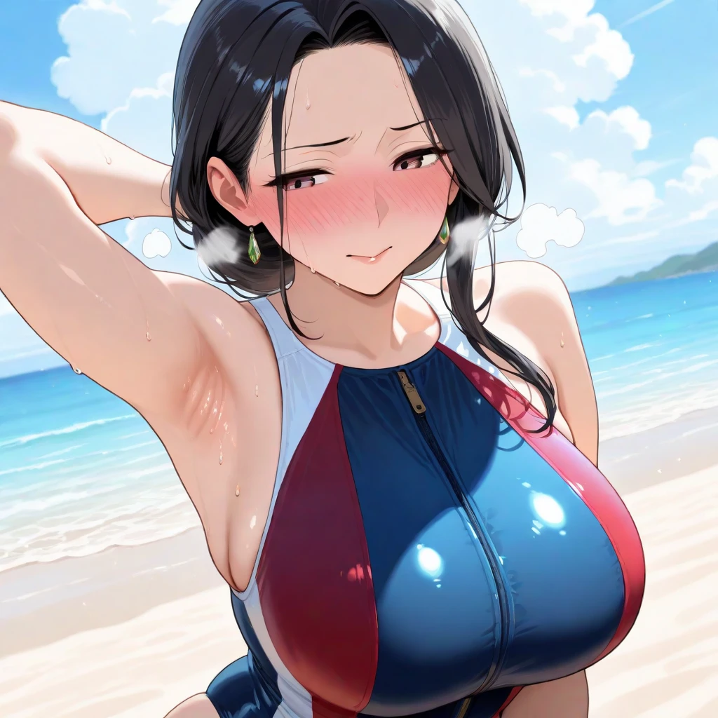 masterpiece, best quality, takizawa, looking at viewer, black bun hair, yellow eyes color, large breasts, upper body, portrait, seductive smile,both hands raised, armpits, armpits visible, sweaty armpits, wearing sexy bikini, background on beach