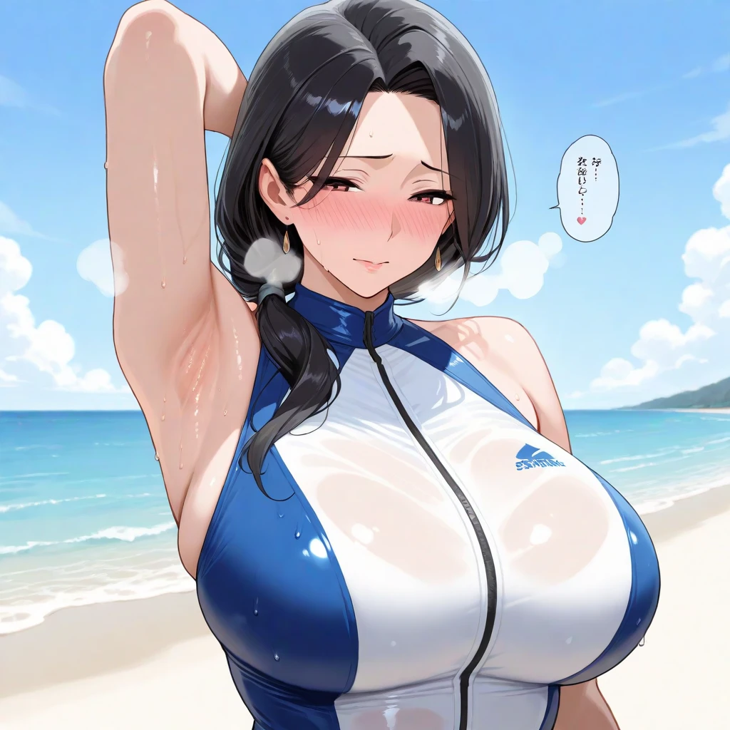 black hair、twin tails、huge breasts、very big breasts、T-shirt、gymnastics、high leg pants、he is short、High resolution、highest quality、detailed face、beach、anime moe art style、Uma Musume、Transparent、wet