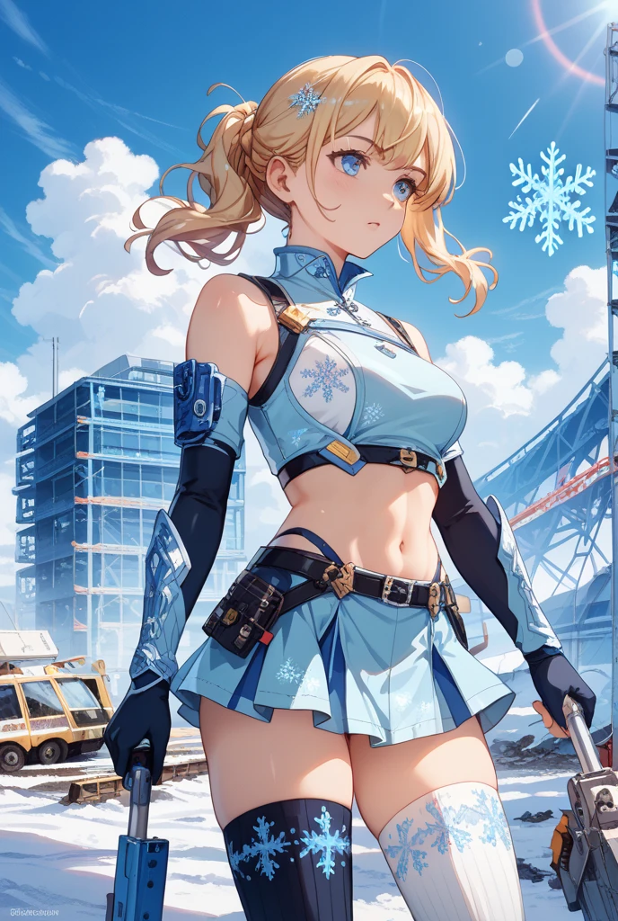 masterpiece, best quality, <lora:gbfpengy-nvwls-v1-000010:0.9> gbfpengy, goggles on head, (blue bodysuit:1.3), sleeveless, armlet, belt, black shorts, white thighhighs, fingerless gloves, upper body, :D, sky, clouds, winter, snow, field, salute, hand to hip