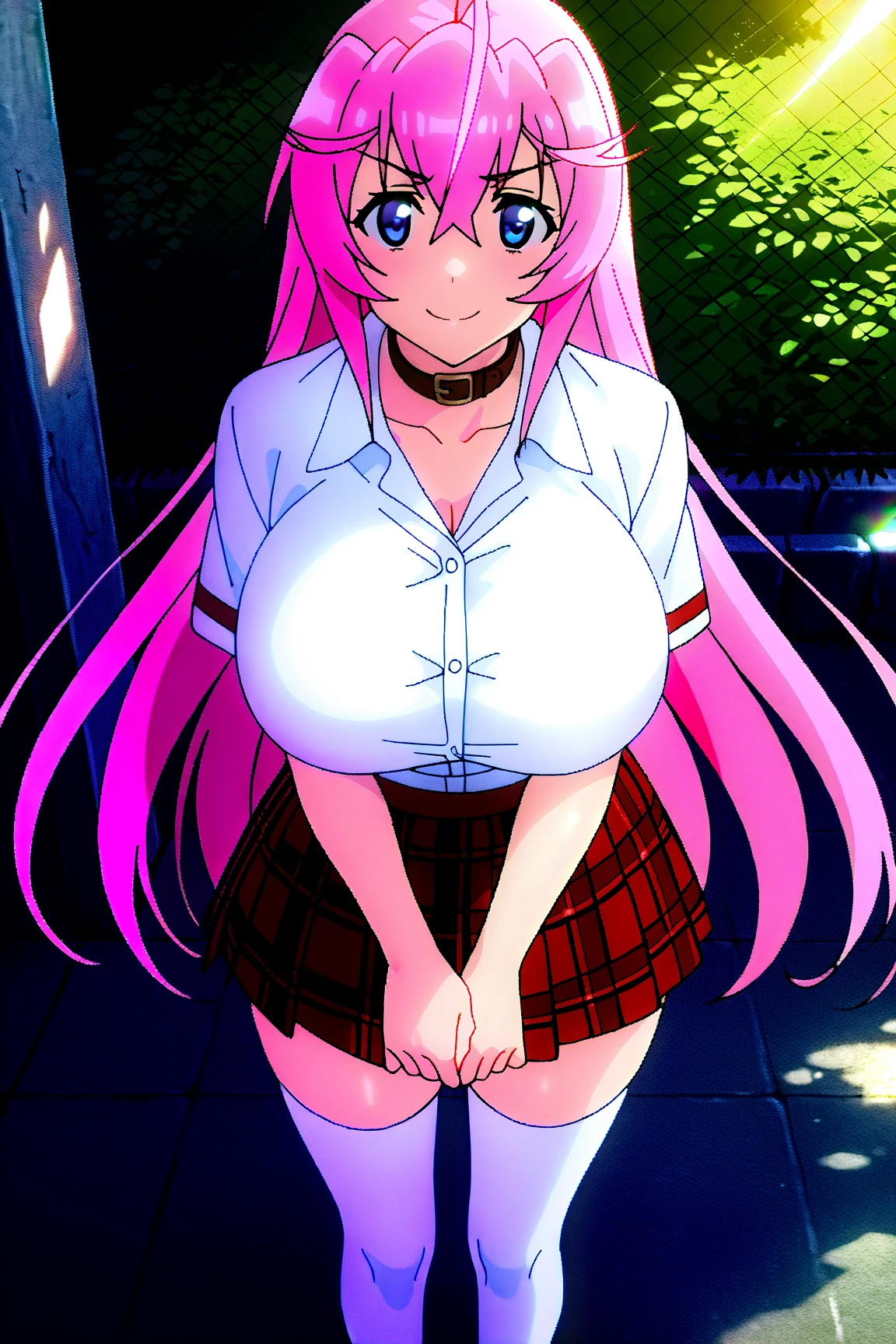 NIIGAKISHINA, PURPLE HAIR, TWO-TONE HAIR, SPLIT-COLOR HAIR, PINK HAIR, BLUNT BANGS, VERY LONG HAIR, PURPLE EYES, perfect shiny hair, , empty eyes , , , large breasts, nipple, Walking, , School building frozen, wet, ,, Naked, smile , (1girl) Blank look, shoes, socks,