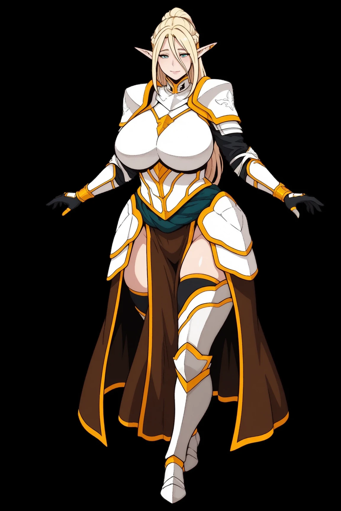 Masterpiece, (flat black background:1.2) solo, detailed face, intricate iris, thick lips, robot girl, (gold and white skin), realistic illustration of a (cyborg girl), (RED eyes), IvoryGoldAI, (freckles),(holding BREATHTAKING:1.2), (gold and white armor:1.2), (looking at viewer:1.2), parted lips, standing straight symmetrical, looking at viewer, lustful smirking smile face red blushed red cheeks, thick thighs, thigh highs, thigh, boots, armor, armored boots, full body armor, bikini armor, big breastplate, pauldron, bracers, leather black choker, tiger claws gloves, short bob white haircut, helmeted, metal shoulders, red long loincloth, longest blue cape reach to the waist, shackles and chains wristbands