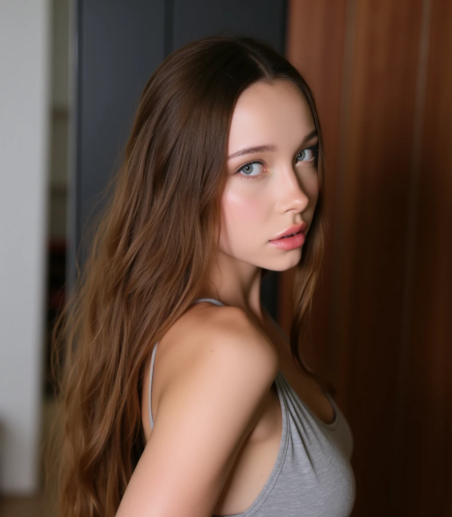 BrandyGordon, focus on eyes, full body, long wavy brown hair, tremendously horny and lustful, tremendously libidinous, nudist