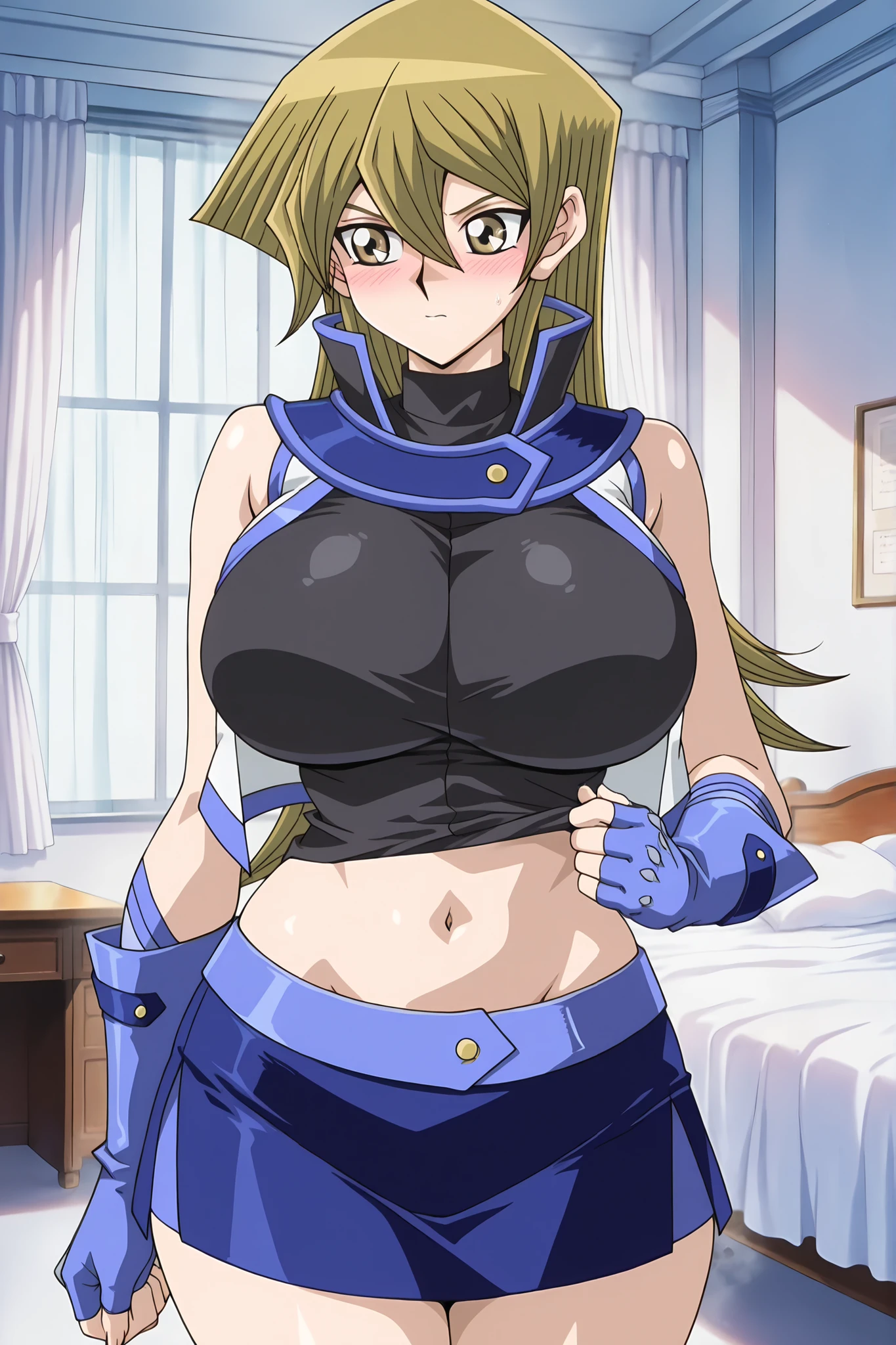 masterpiece, best quality, amazing quality, very aesthetic, absurdres, highres, newest,(anime_screencap:1.6),1girl,Asuka Tenjoin,curvy, blonde hair,blonde eyes,huge breasts,wide hips , hair between eyes, long hair,obelisk blue uniform, duel academy uniform (/yu-gi-oh! gx),sleeveless, blue microskirt, blue gloves, fingerless gloves, sleeveless jacket,open vest,white jacket, black shirt,lifting_own_clothes,dormitory, bed,study desk,chair,window,curtains, white theme,luxury furniture,sitting on bed,navel,midriff ,,groin,blush,steaming body