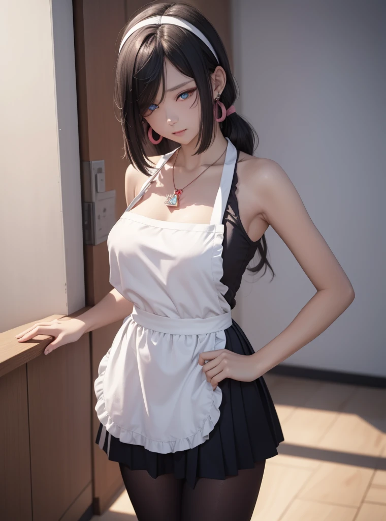 Masterpiece, Highly detailed, Best quality, 超高分辨率, 1girll, Solo,  （Snow outside the window，By the fire，perspire，Be red in the face），(Small breasts), Breasts, (over-size shirt，Neckline opening ), (Hana than Hinata:1), (the maid outfit，Long black stockings，), cleavage, From the front side