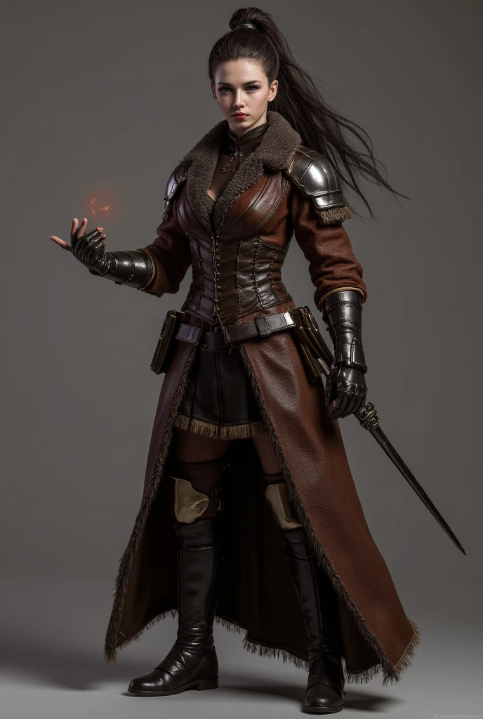 portrait of a beautiful young adventurer woman with brown hair and brown eyes in a leather ranger outfit standing in front of a wooden table in a medieval bar, black cloak with intricate silver trim, solo focus, digital art, by artgerm, by Liang Xing, by WLOP