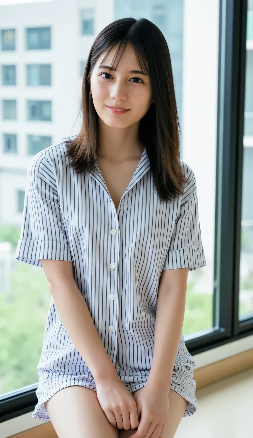 (RAW Photos), (high image quality, high quality, masterpiece, 8k, detailed:1.2), realistic photos of beautiful Japanese woman, 22 years old, smile, slim figure, (long hair, brown hair, delicate hair), (D cup bust, medium breast:1.2), ((wearing a striped shirt)), ((no bra)), (string panties), luxury lingerie, she poses for the camera, lively expressions, smile, natural lighting, whole body, light pink lip, natural make-up, perfect proportions, photorealistic, standing front from windows, background is city view and skyline, (well-formed face, pretty), earrings, necklace